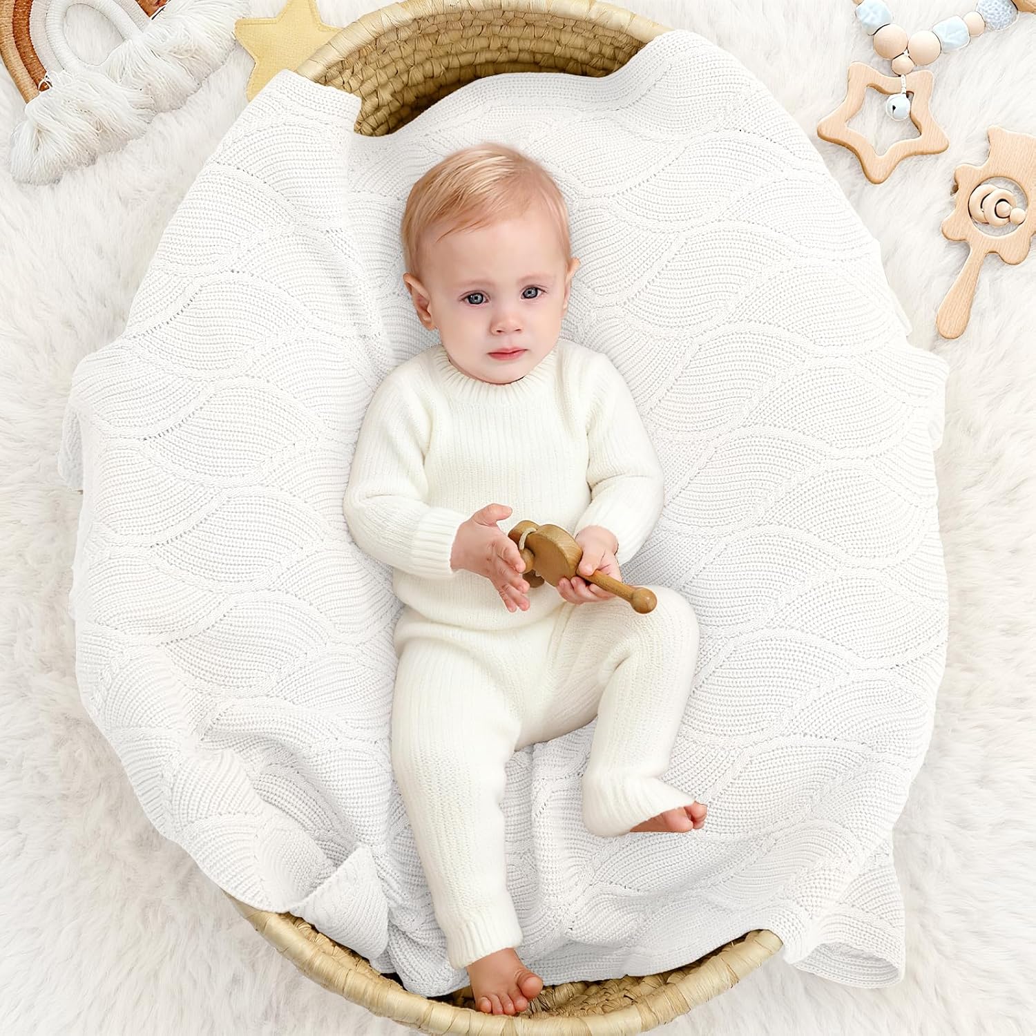 Thick Cotton Knit Baby Blanket 40x31 Inches – Soft Breathable Newborn Blanket for Boys & Girls, Wavy Pattern Receiving Blanket for Crib, Stroller, or Nursery, Gift Box for Baby Shower (White) - Image 2