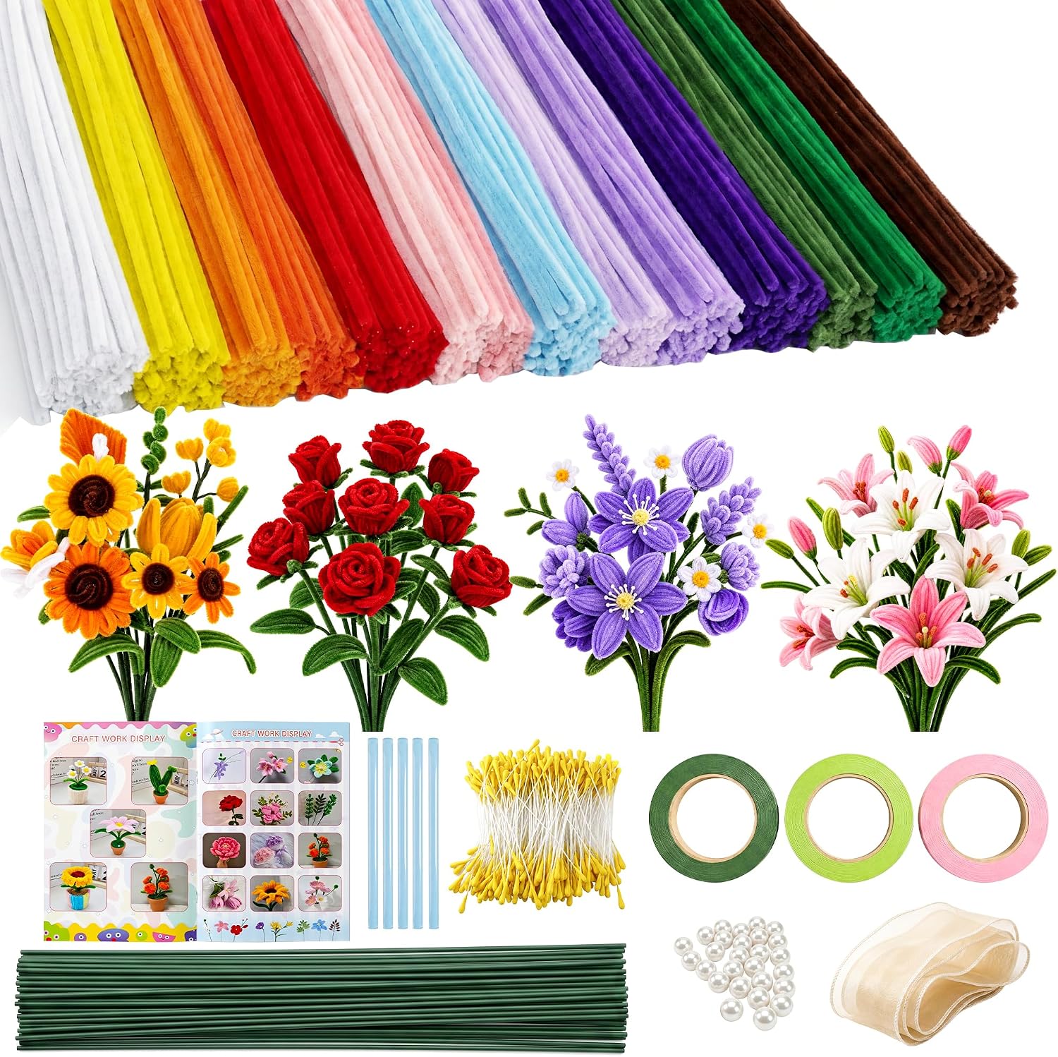 YONCOUX Pipe Cleaner Flower Kit, 700PCS Premium Pipe Cleaners Bulk with Instruction, 14 Colors Thick Chenille Stems, Flower Stems, Tape, Stamen, Craft Pearls for Arts DIY Flowers All-in-One