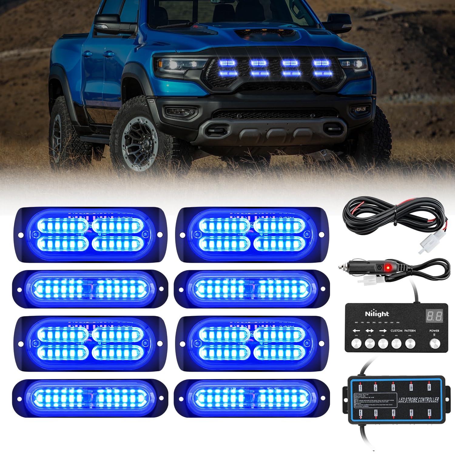 Nilight 8PCS Led Strobe Lights with Controller 12V 24V Sync Feature Blue
