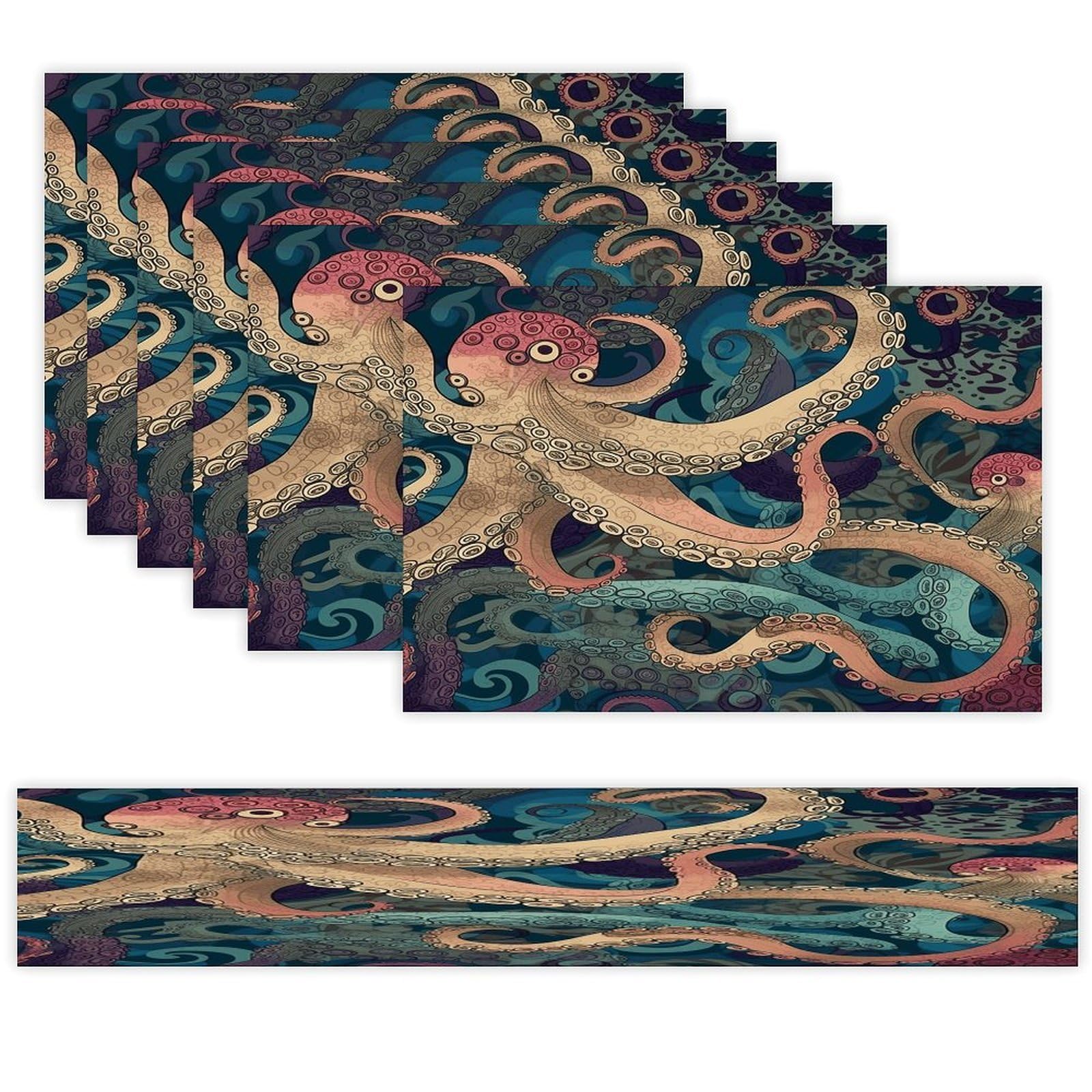 Abstract Octopus Kraken Table Runner and Placemats of 6 Washable Heat Resistant Place Mats with Table Runner Vintage Holiday Table Mat Set for Holiday Party Kitchen Dining Deco