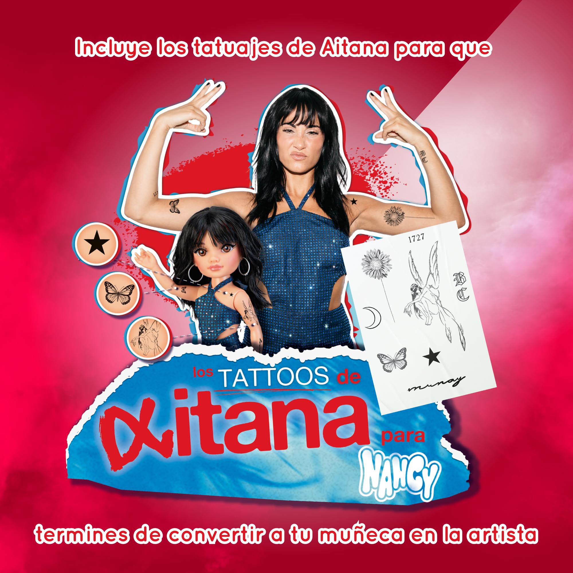 Nancy Aitana Alphahouse, Muñeca como la Cantante, Melena Oscura con Corte a Capas, Conjunto Diseñado por JC Pajares, Hoja de Tatuajes de Aitana, Certificado de Autenticidad, 3+ años, Famosa (NAC85000) — view 6