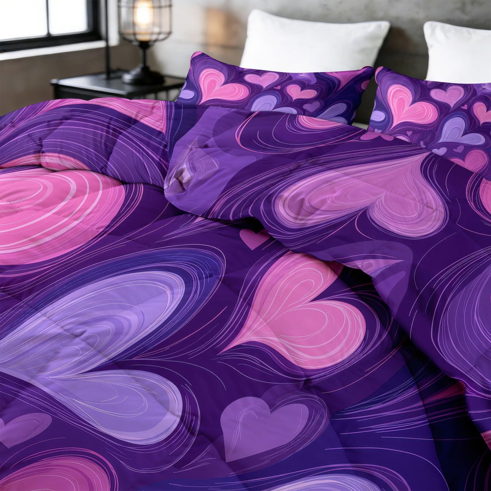 Copripiumino senza copertura con cuori rosa e viola per coppie super king estivo, copriletto trapuntato in microfibra con cartoni animati, set di piumini morbidi e traspiranti