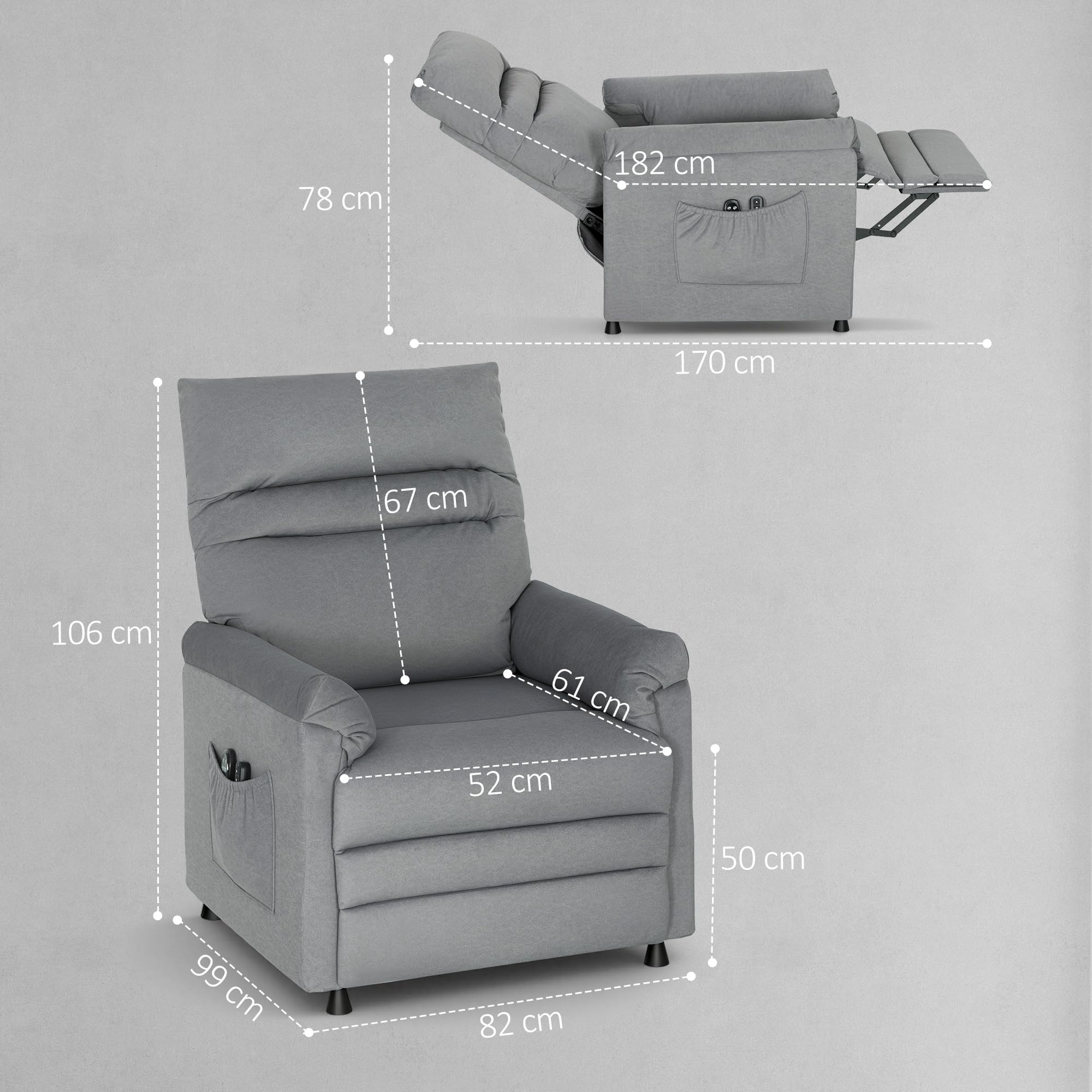 HOMCOM Sillón Relax Reclinable Eléctrico, con Calor Lumbar y Masaje Vibración, Sillón Masaje Relax, Motor Silencioso, Función de Memoria, Bolsillos, Control Remoto con USB, Tejido Pet-Friendly, Gris