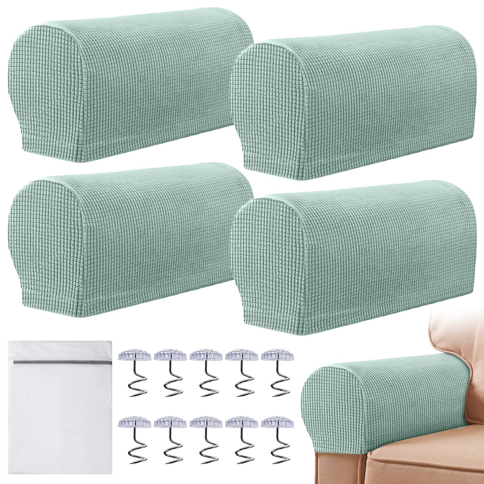 Armrest Chair Covers, Set of 4 Stretch Armchair Covers for Arms Anti-Slip Furniture Protector with Laundry Bag, Machine Washable Arm Chair Sleeves, Armrest Cover for Sofa Couch Recliner(Mint Green)