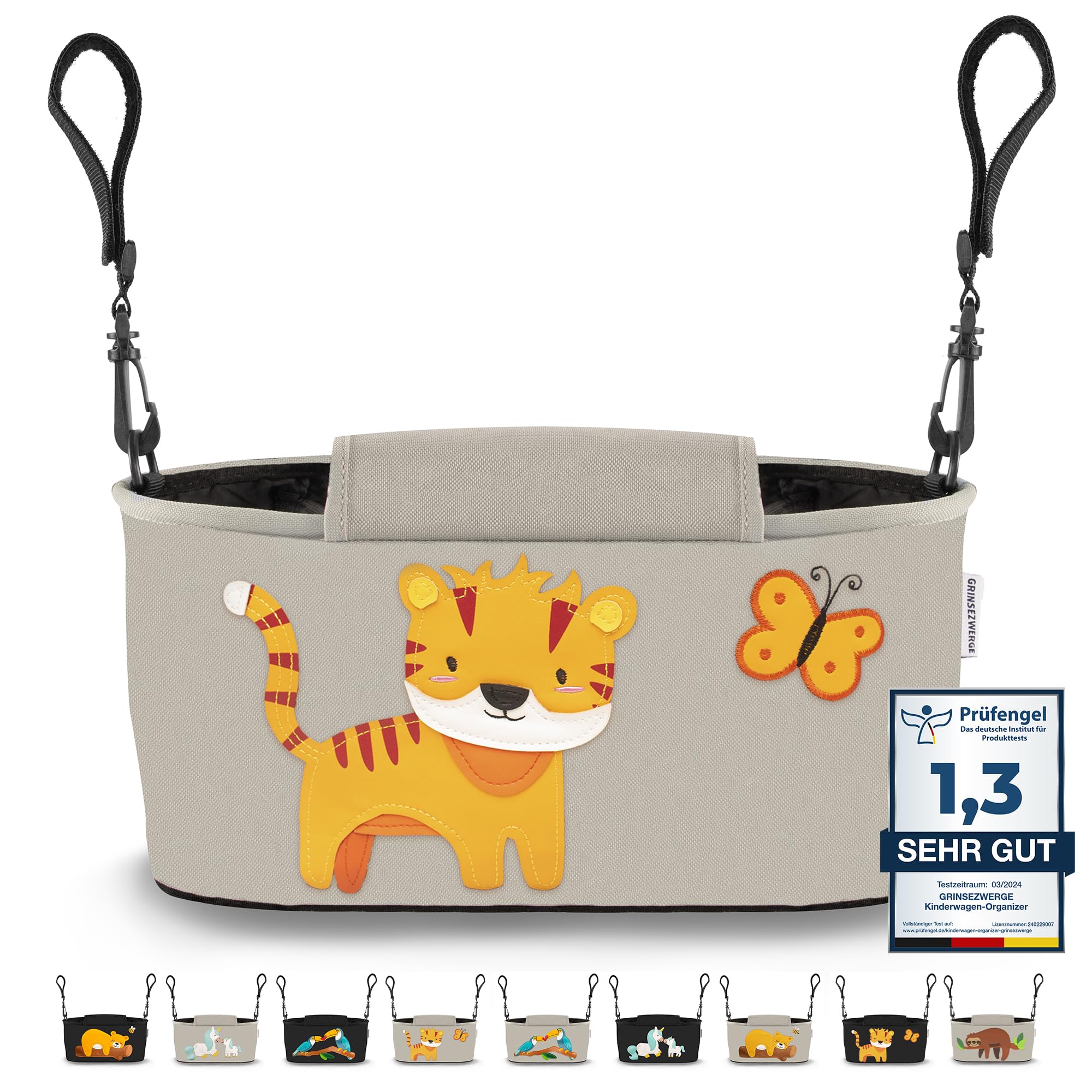 GRINSEZWERGE Kinderwagen Organizer 12 Motive mit Feuchttuchspender I Kinderwagen Tasche verschließbar I Kinder Buggy Organizer I Kinderwagentasche Aufbewahrungstasche Baby Stroller Bag grau Tiger