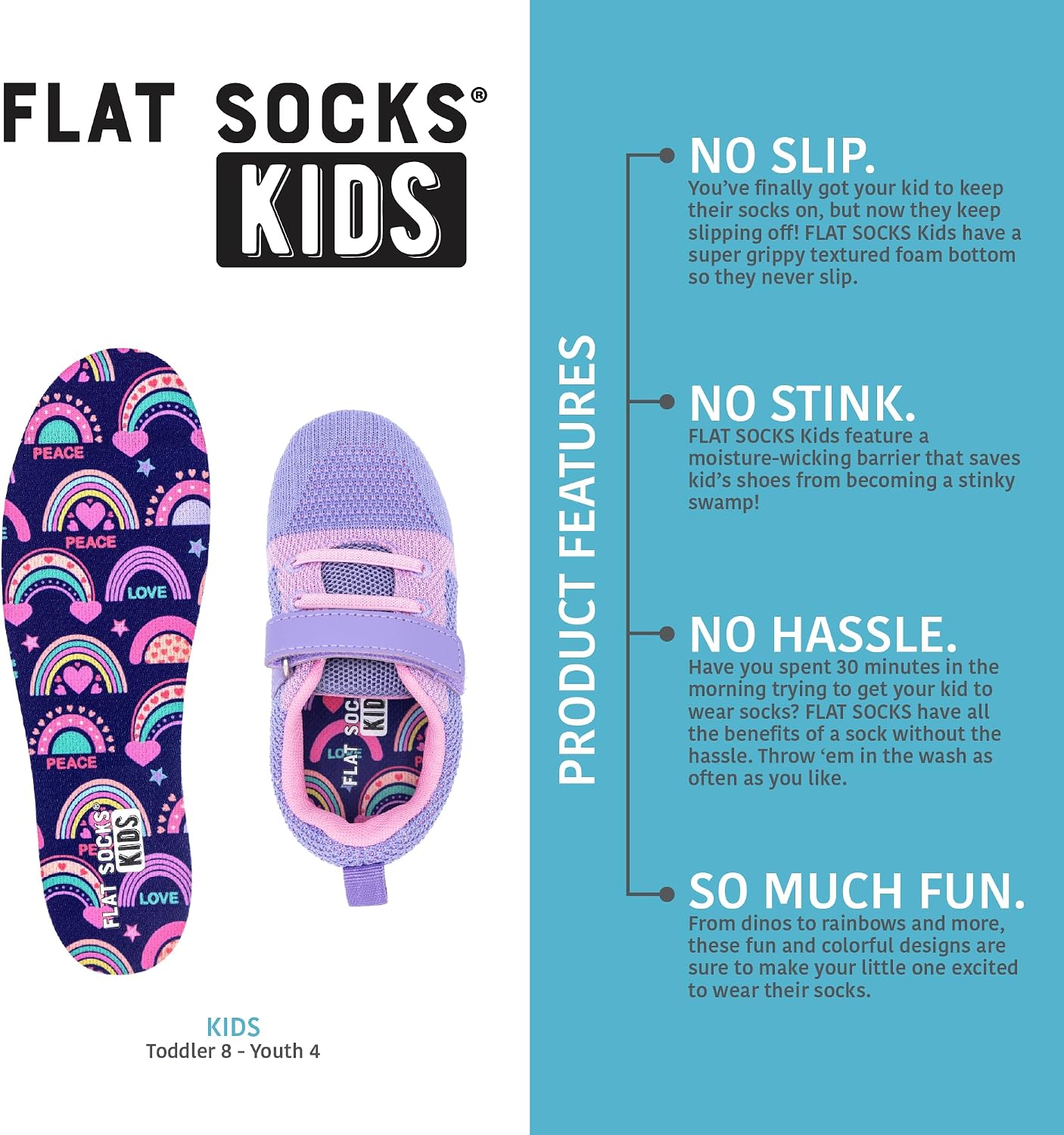 FLAT SOCKS Kid's No Show Socks, Sockless Liner, No Slipping, No Stinking, Washable Barefoot Shoe Insert