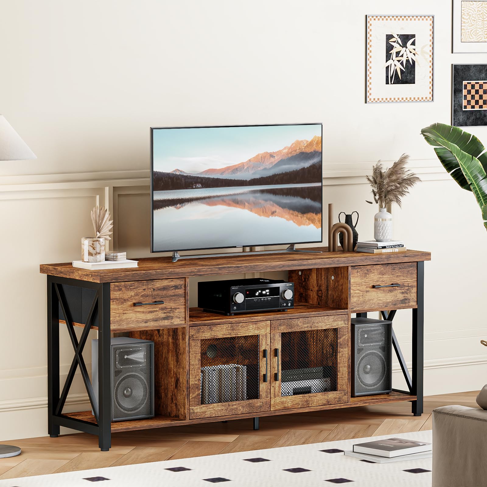 Mobile TV, Mobile Porta TV in Stile Industriale, Mobiletto TV in Legno da 140 cm Con due Mobili, per TV da 45/50/55 Pollici, per Soggiorno, Sala da Pranzo e Camera da Letto