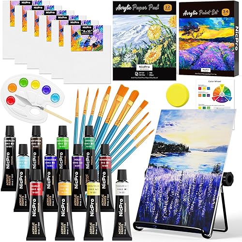 Nicpro Juego de lienzo de pintura acrílica para adultos y niños, kit de 34 piezas de suministros de pintura artística, pintura acrílica de 12