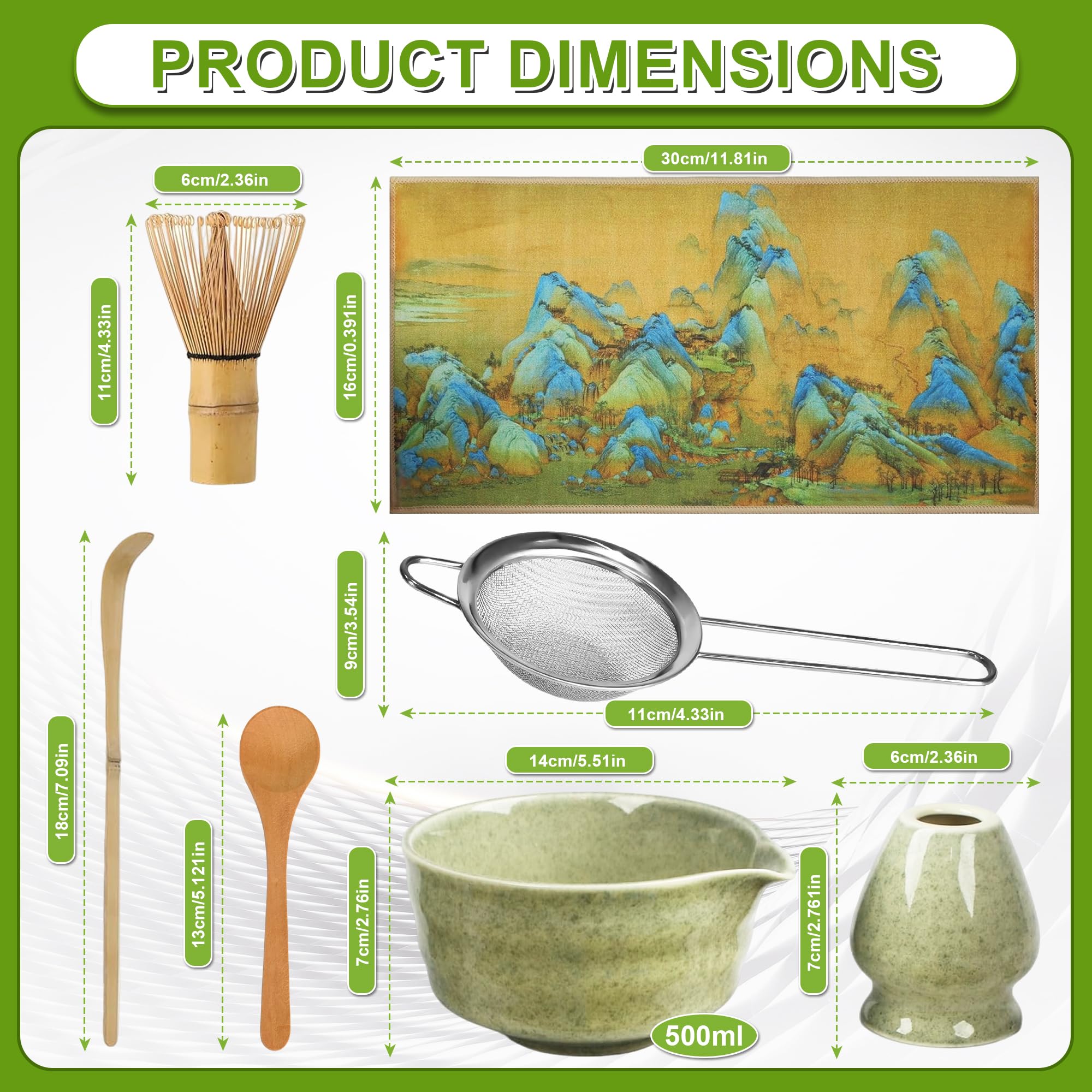 Matcha Set,7 Piece Matcha Besen Set, Matcha Tea Set Matcha Besen, Matcha Schale mit Ausgießer (Chawan), Sieb, Schaufel, Tea Set,Teetuchunterlage,für Teeliebhaber und Teezeremonie-Anfänger