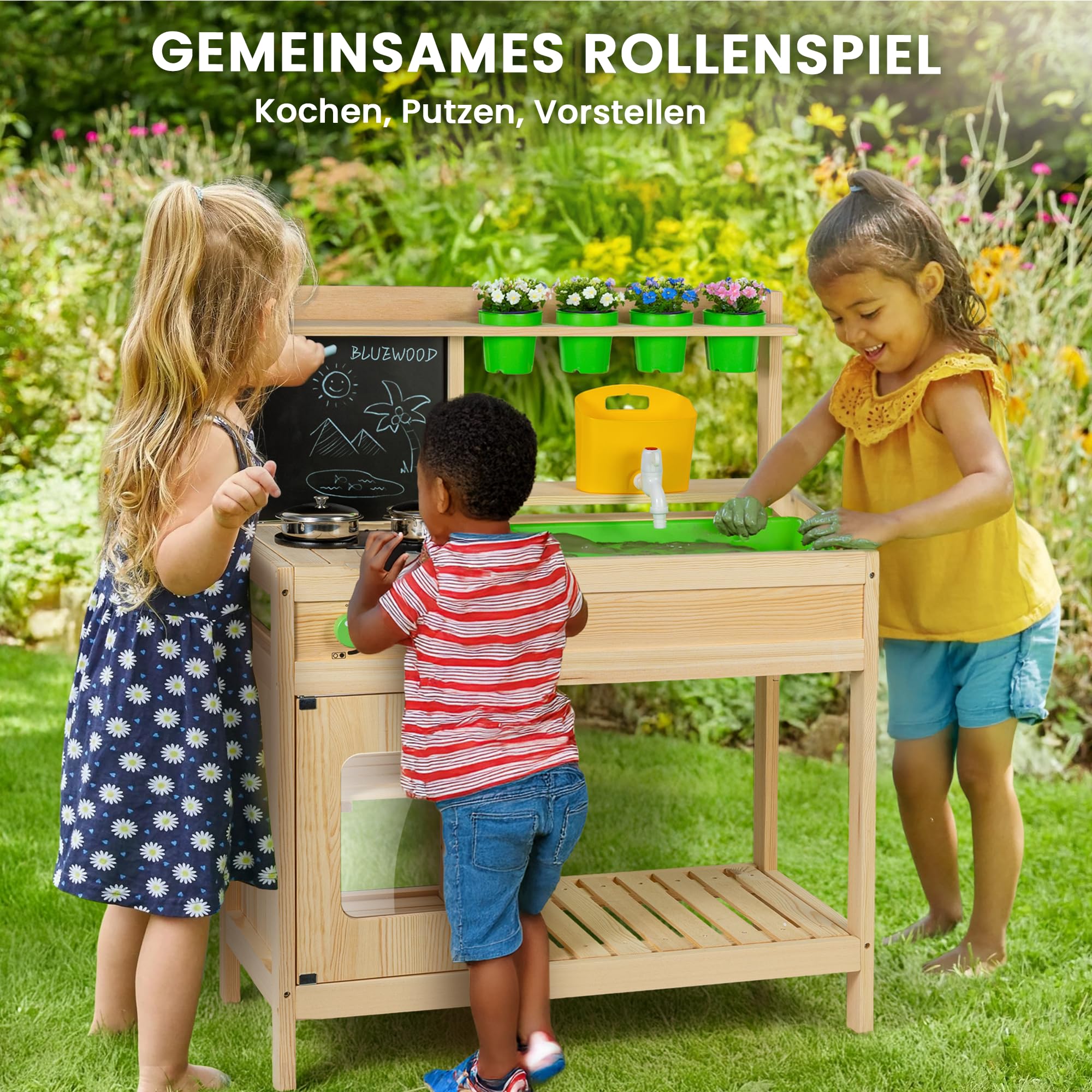 Cucina Giocattolo Montessori in Legno per Bambini | Cucina da Esterno BlueWood | Rubinetto Funzionante, Lavello Grande, Ripiani e Accessori | Gioco Educativo Sensoriale