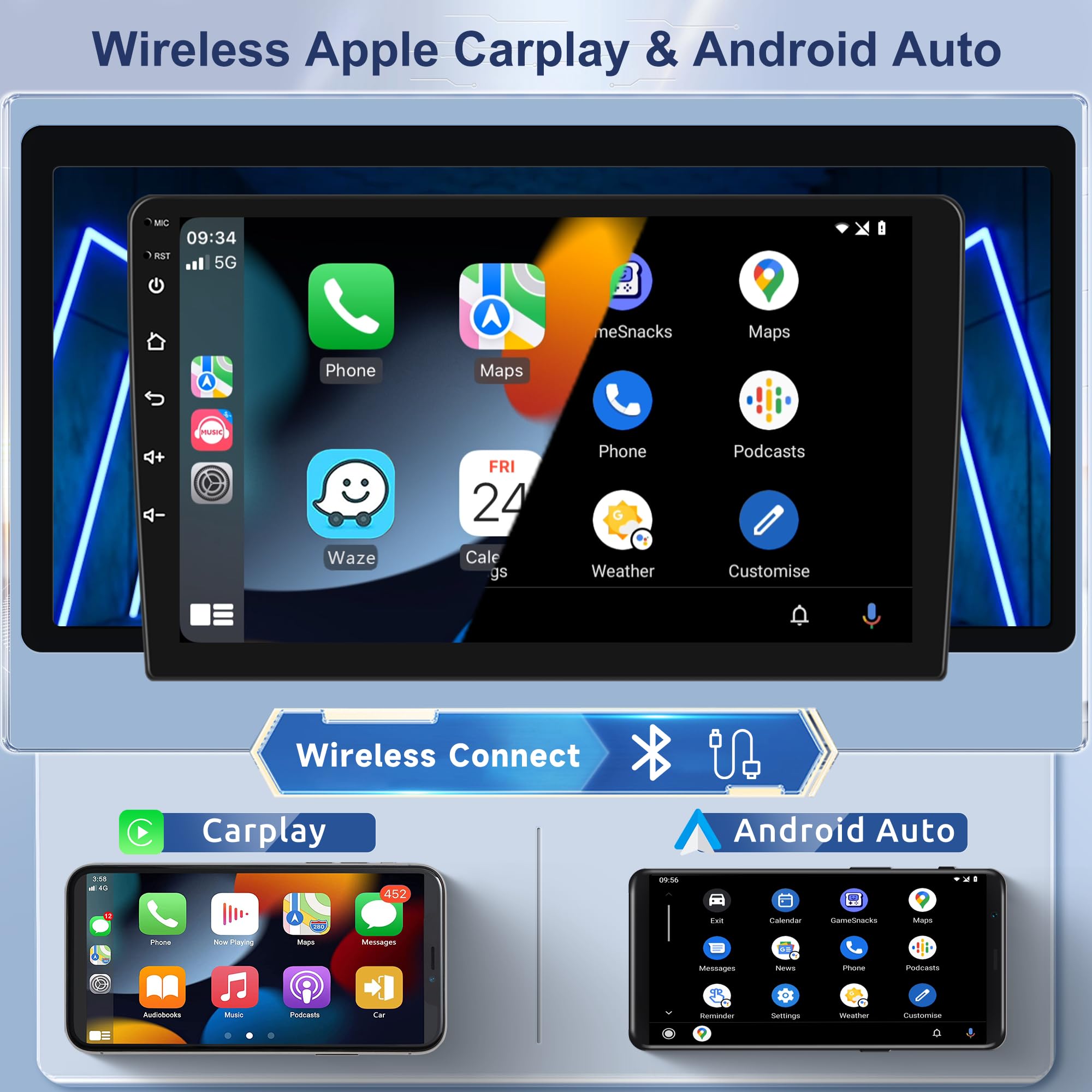 NHOPEEW 2 64G Android Car Radio for Skoda Octavia II 2008-2013 - Double Din 10.1 Inch Touch Screen Car Radio with Carplay and Android Auto-WiFi GPS Mirror Link SWC 28UI FM Rear