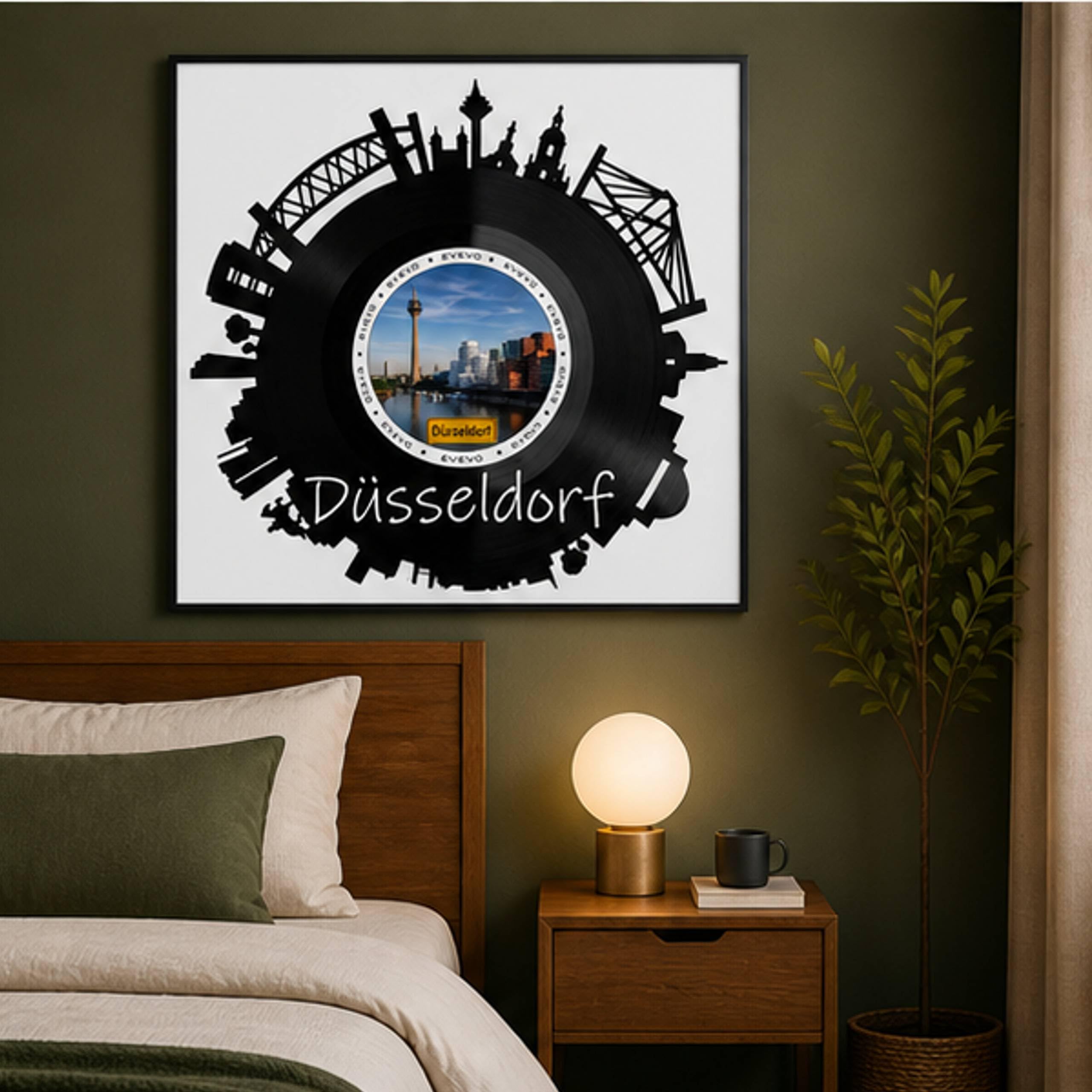 EVEVO Dekoracja ścienna z płyty gramofonowej w ramie 32 x 32 cm Düsseldorf – winylowa sztuka ścienna, nowoczesna panorama, prezent dla fanów architektury Dusseldorfu