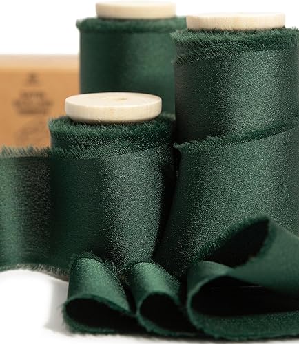 Vitalizart Cinta de satén de seda verde de 1-12 pulgadas x 15 yardas, carrete de madera hecho a mano, cintas deshilachadas para envolver regalos,