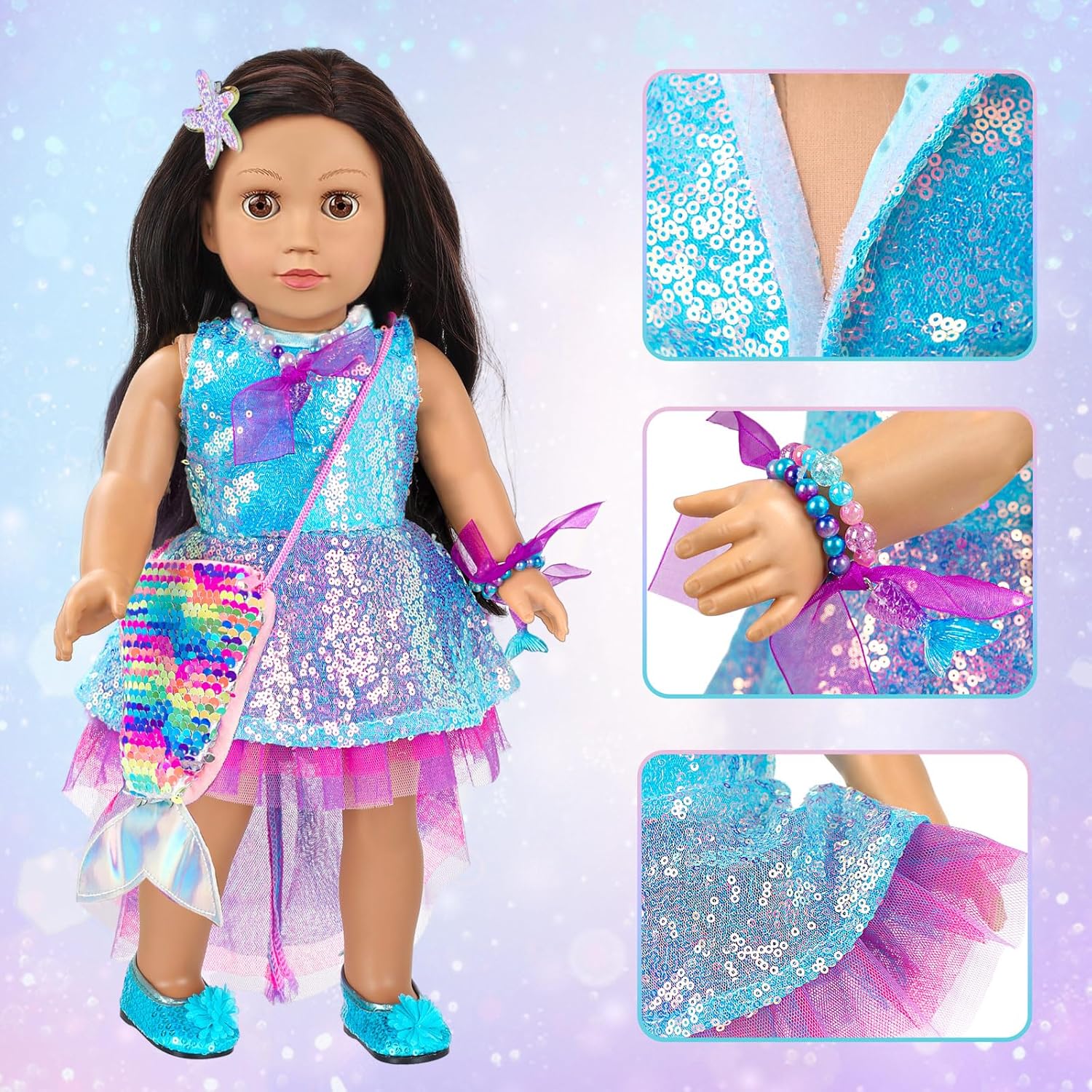 American 18 Inch Doll Makeup Accessories and Mermaid Clothes Set,Included 2 Pieces Clothes,Mermaid Messenger Bag,Starfish Hairpin,Lipstick,Necklace,Bracelet,Eye Shadow and Sticker(NO Doll and Shoes)