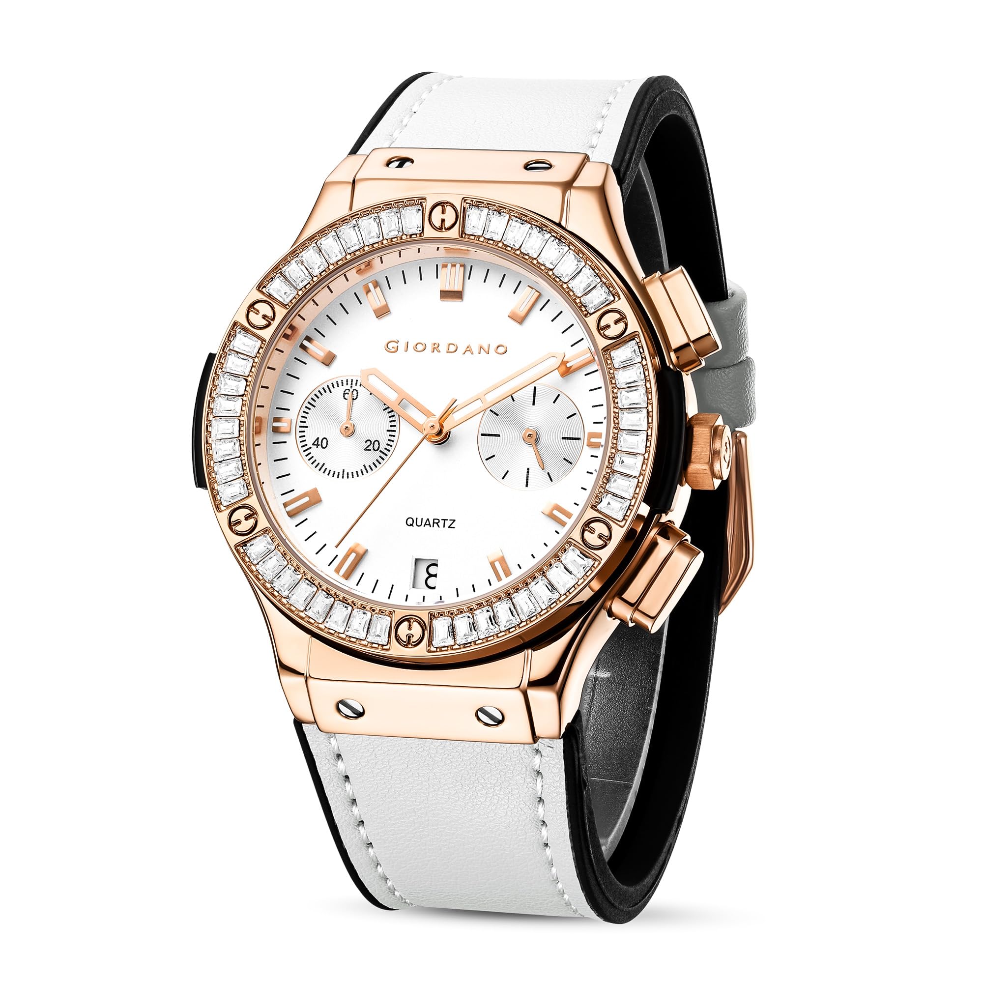 Analog Watch for Women – Round Dial, Leather Strap, Crystal-Studded Bezel with Quartz Movement-image-2