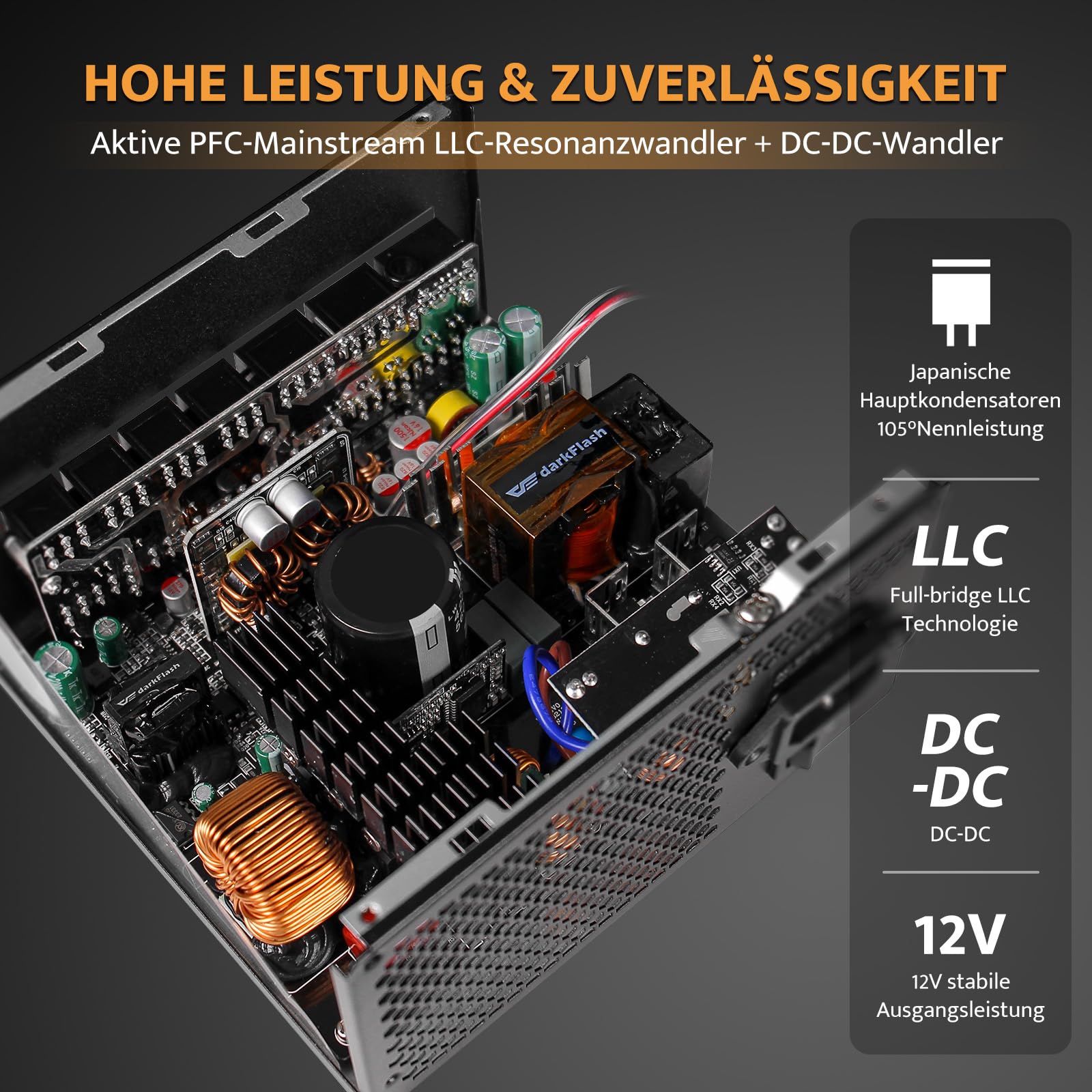 darkFlash PMT850 Vollmodulares ATX 3.1-Netzteil, 80 Plus Gold Effizienz, PCIe 5.1 & 12VHPWR-Unterstützung, 100% Japanische 105°C-Kondensatoren, Kompakte 150-mm-Bauweise (Weiß)