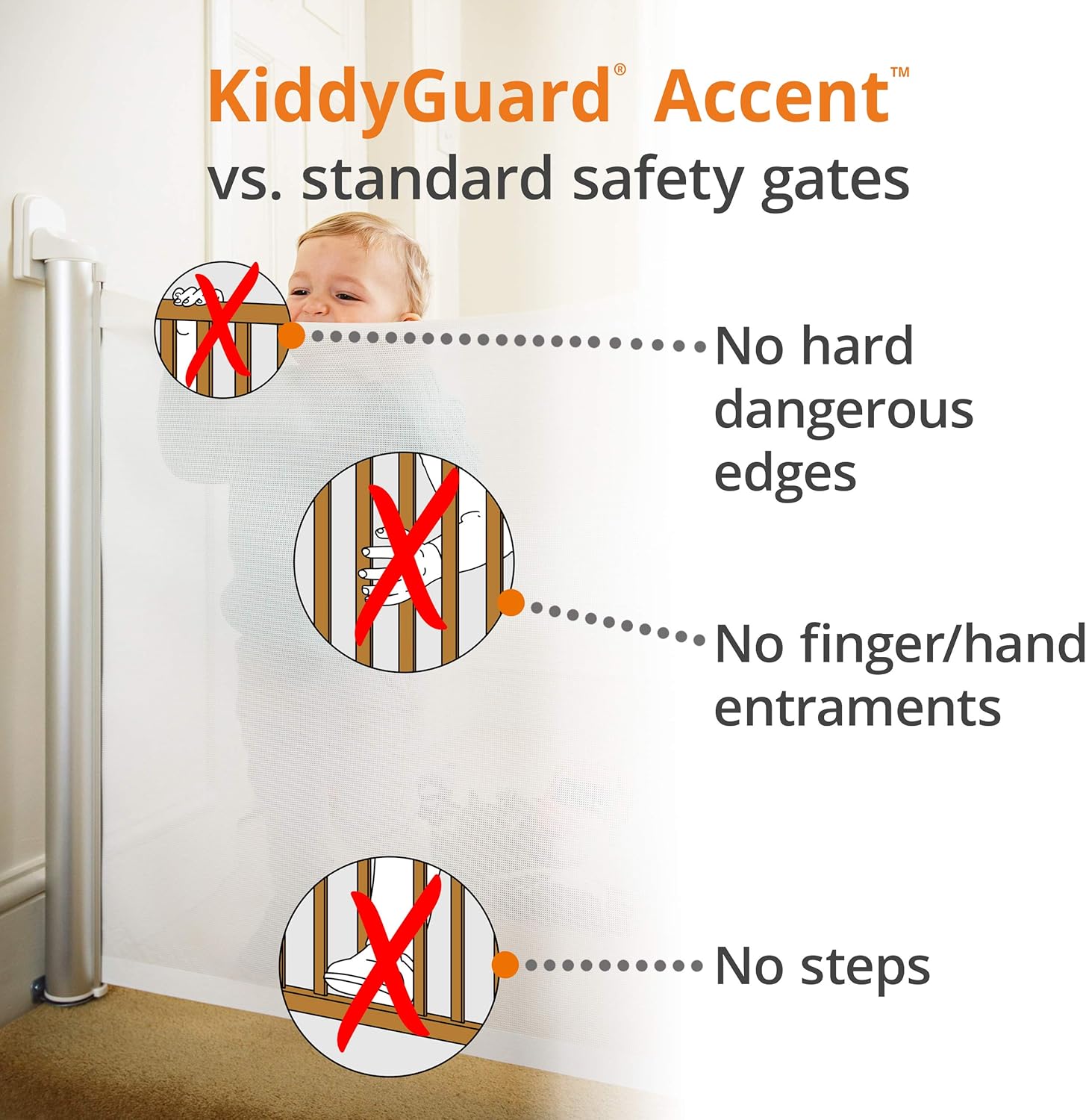 Lascal KiddyGuard Accent, Elegant Baby Stairs Gate, Extendable Baby Gate with Net and Brushed