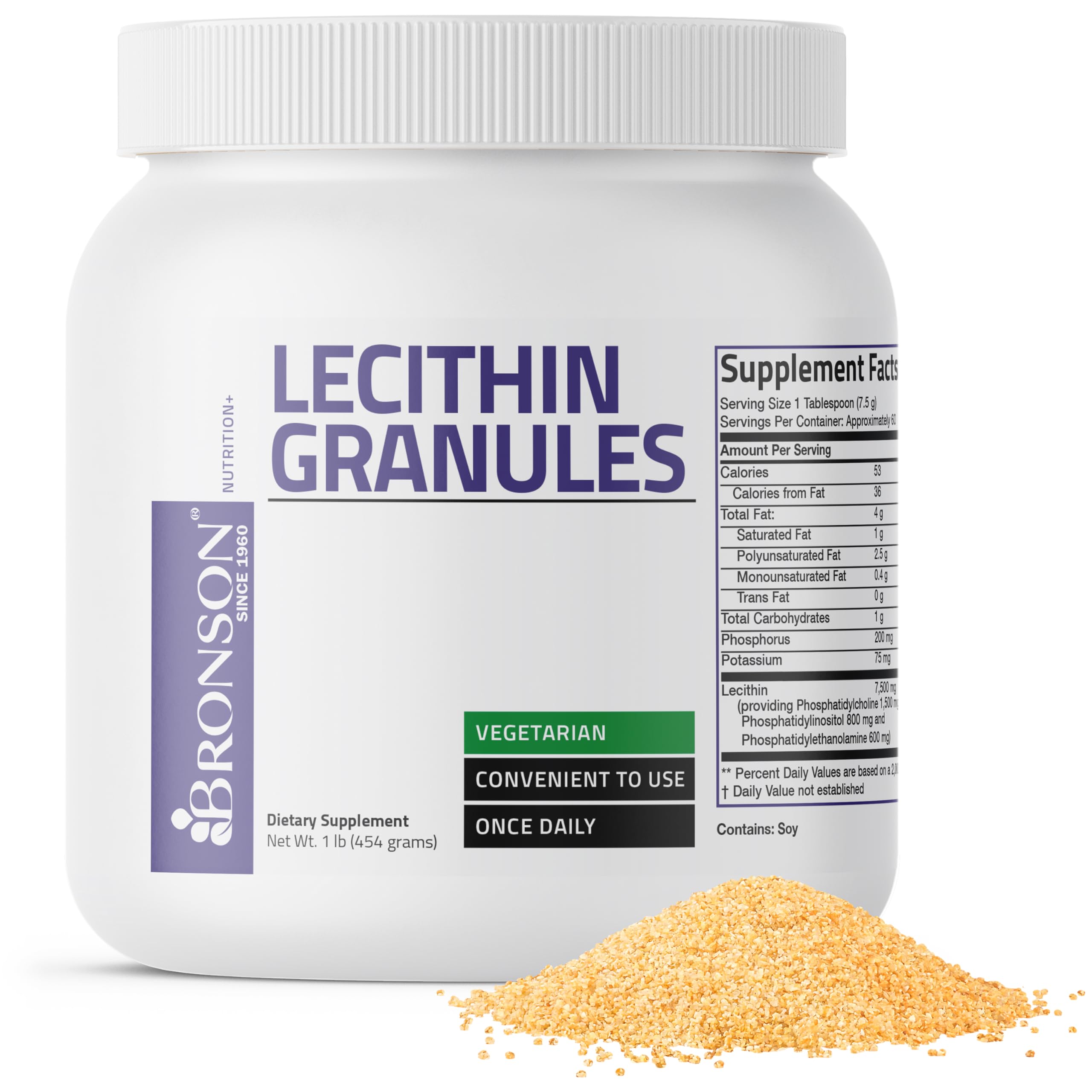 Bronson Lecithin Granules (Powder) 7500 MG, 1 Lbs (454 Grams, or 16 Ounces)