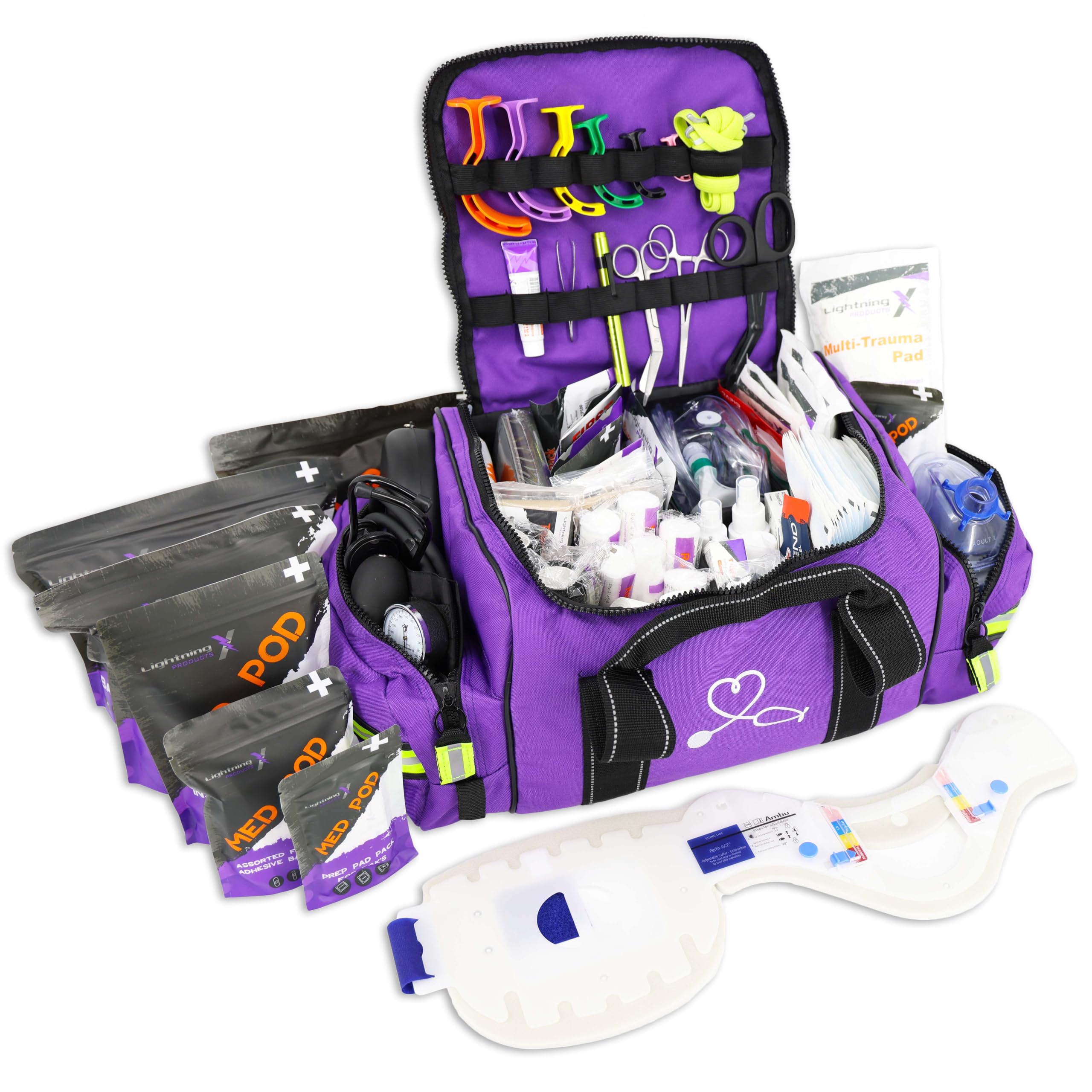 Lightning X Pre-Stocked EMS/EMT Trauma Kit w/Large First Responder Bag & 256 First Aid Medical Supplies - Purple