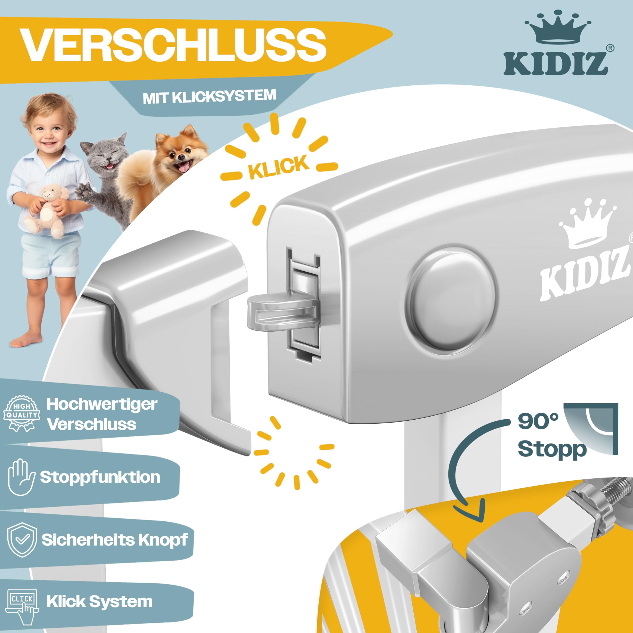 KIDIZ® Griglia di protezione per porte e scale, per bambini, senza forature, orientabile su entrambi i lati,