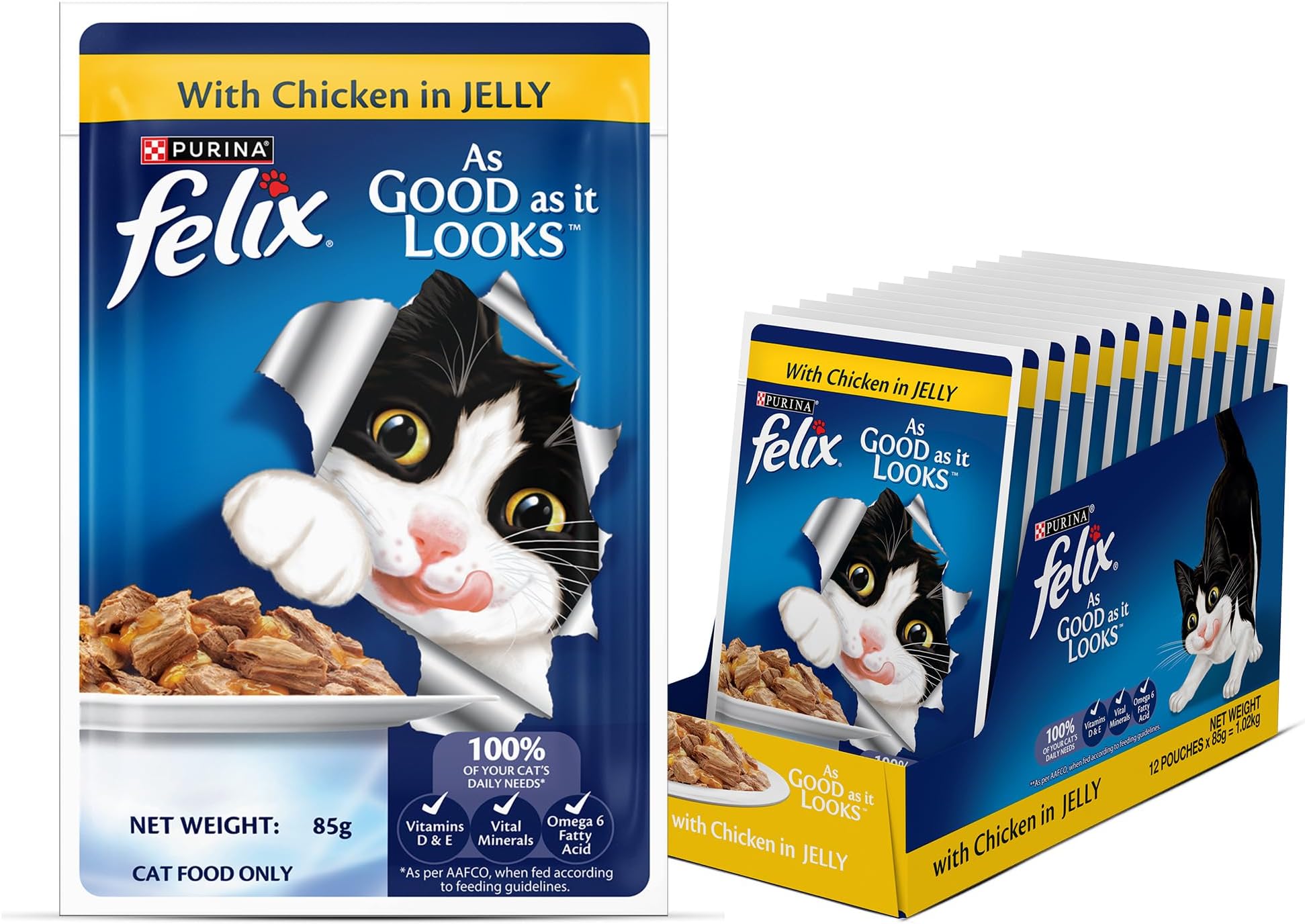 Felix with Chicken in Jelly | Wet Food for Adults | Complete and Balanced Cat Food, Pack of 12 Pouches (12 x 85 g)