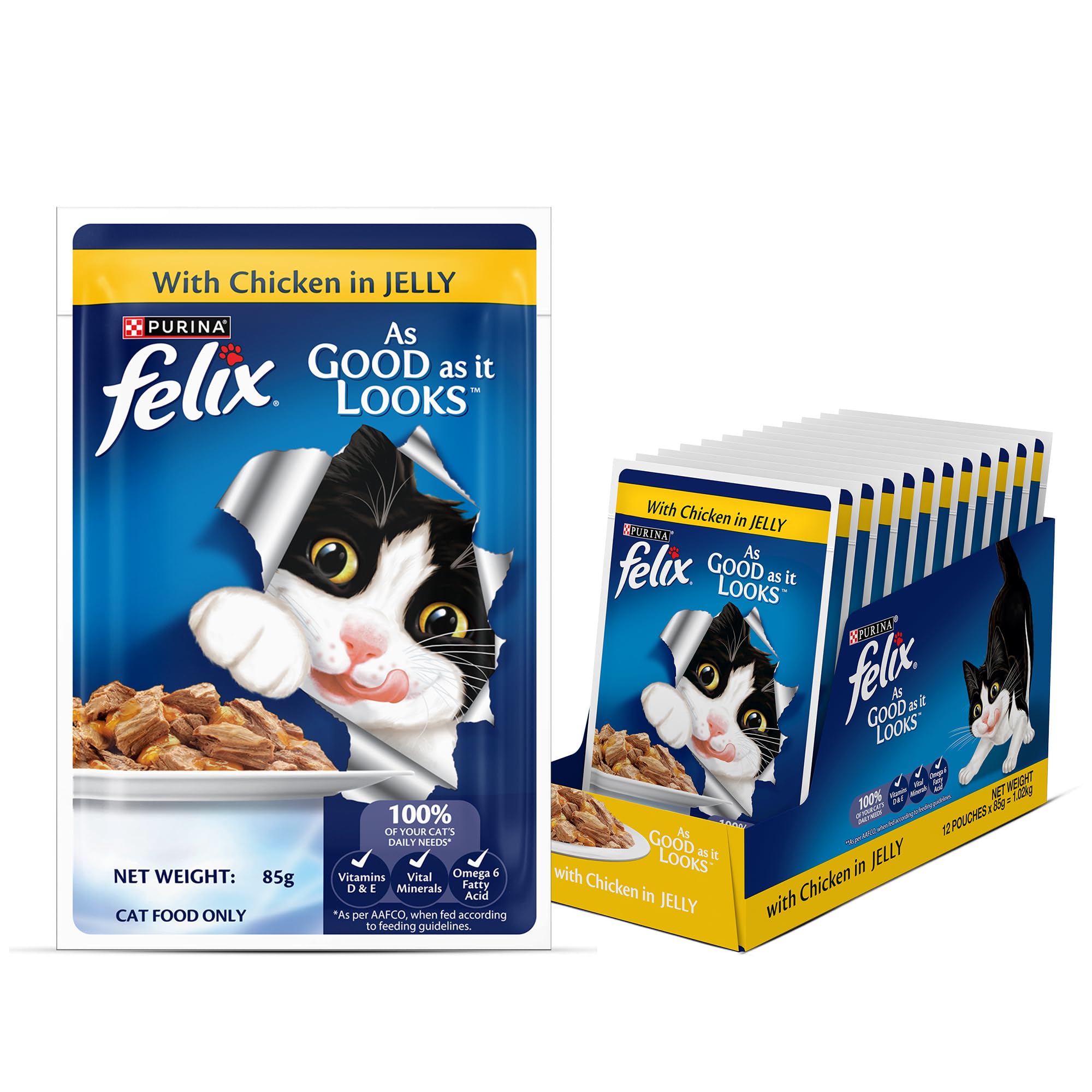 purina felix with chicken in jelly | wet food for adults | complete and balanced kitten food, pack of 12 pouches (12 x 85 g)