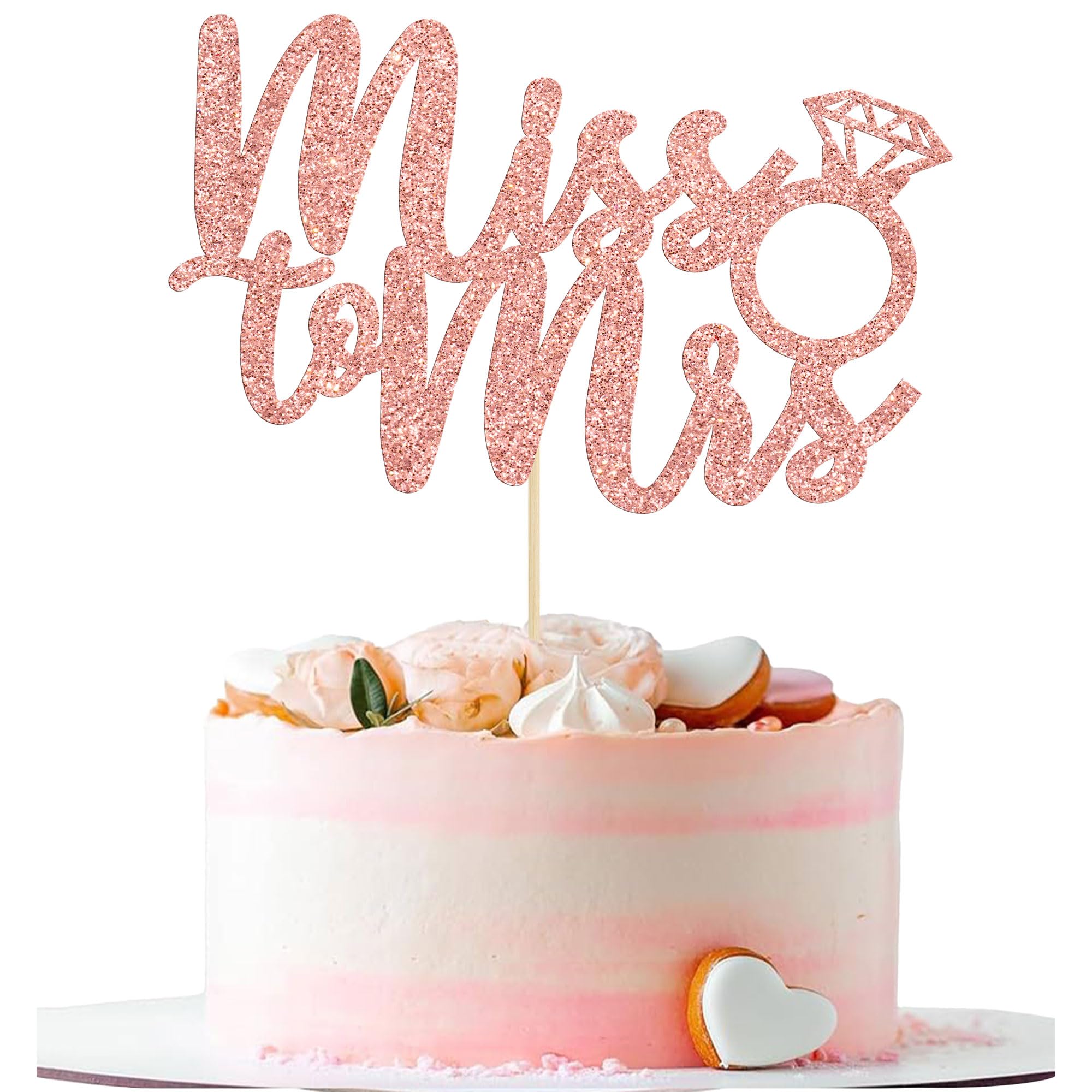 1Pc Miss to Mrs Cake Topper Rose Gold Glitter Wedding Bridal Shower with Ring Cake Decorations for Bridal Shower Wedding Engagement Bachelorette Party