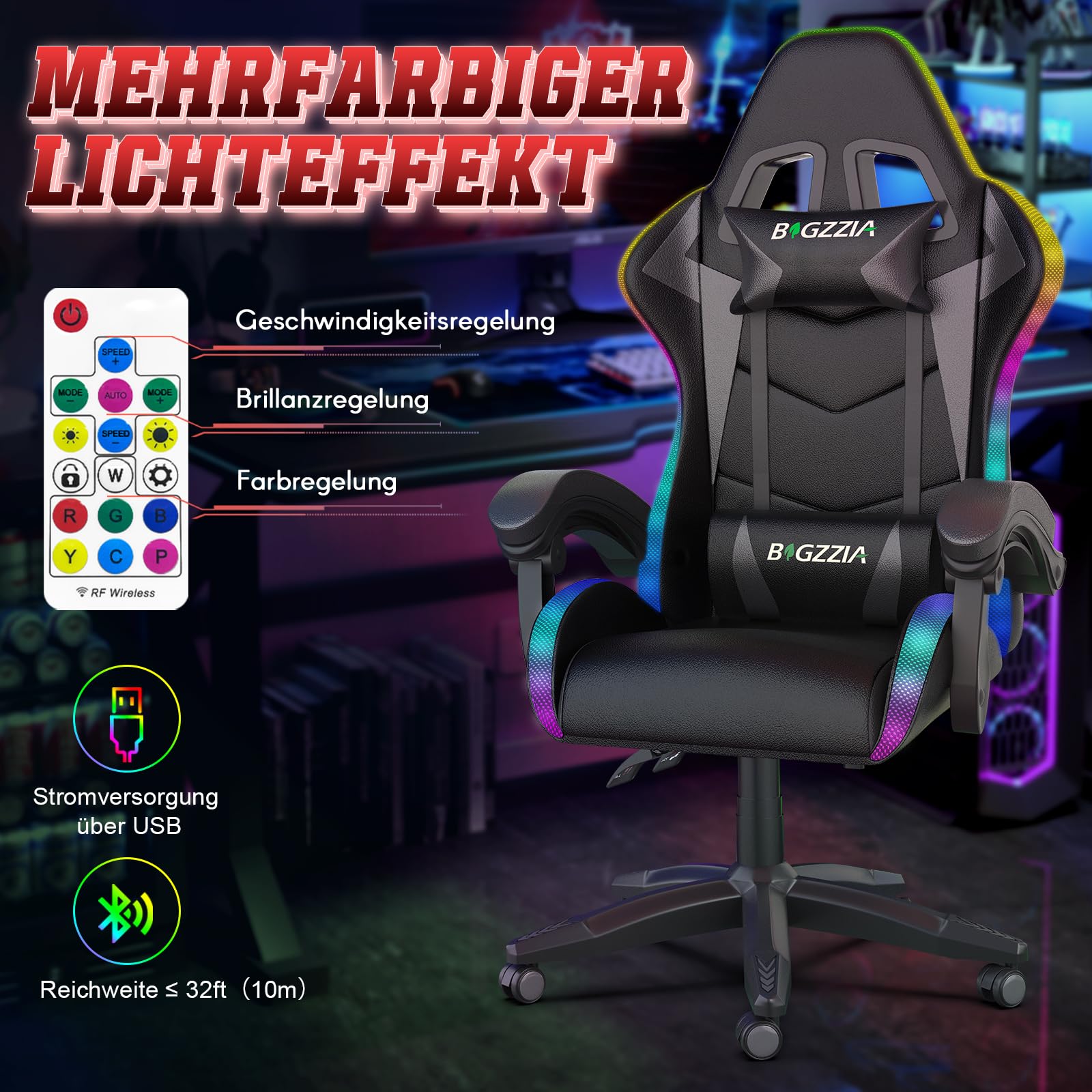 Racingreat Gaming-Stuhl LED mit Schillernde Lichtleiste, PC Gaming Stuhl mit Polsterung und Kopfstütze, Verstellbarer Höhe und Taillenwinkel, Gamer-Sessel Für Erwachsene, Mädchen, Jungen (Schwarz)
