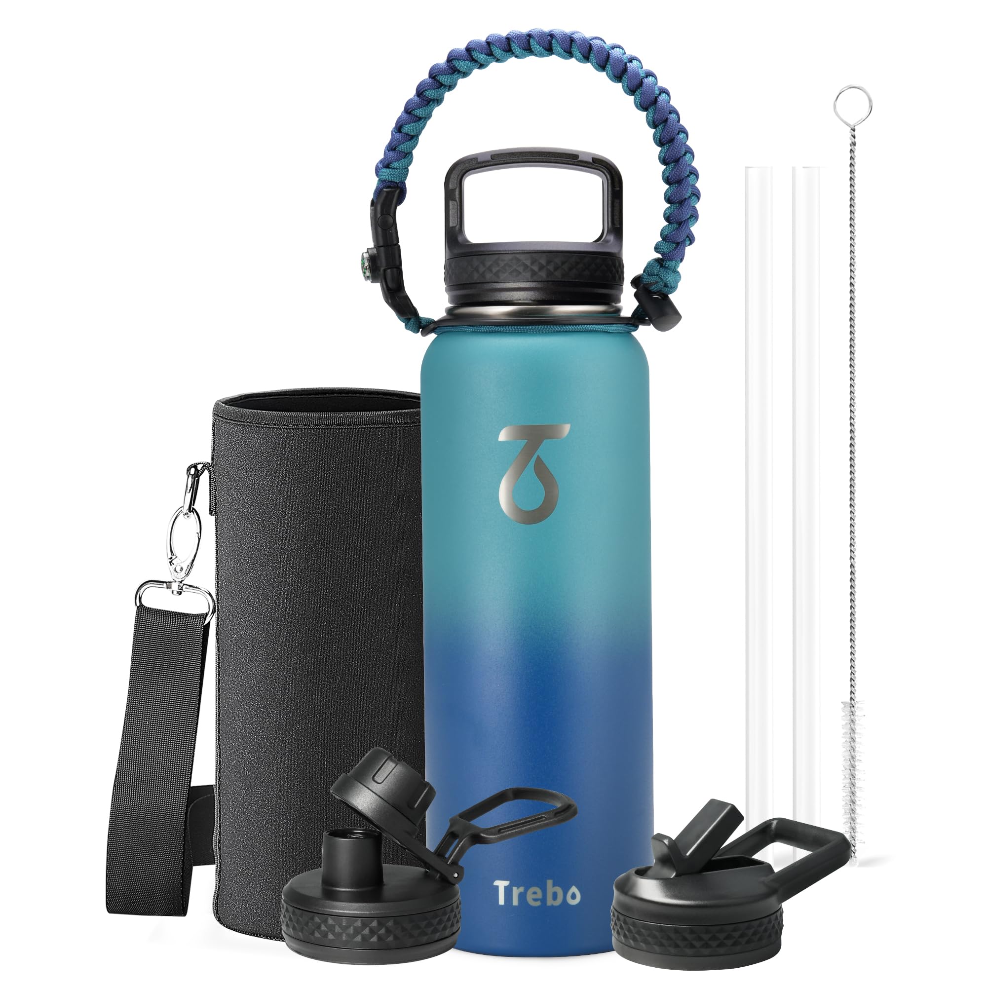 Trebo Isolierte Wasserflasche mit Deckel und Strohhalm, dreifach wandig, Edelstahl, Sportflasche mit Paracord-Griff, hält 24 Stunden heiß und 48 Stunden kalt, mit 3 Deckeln, Cyanblau
