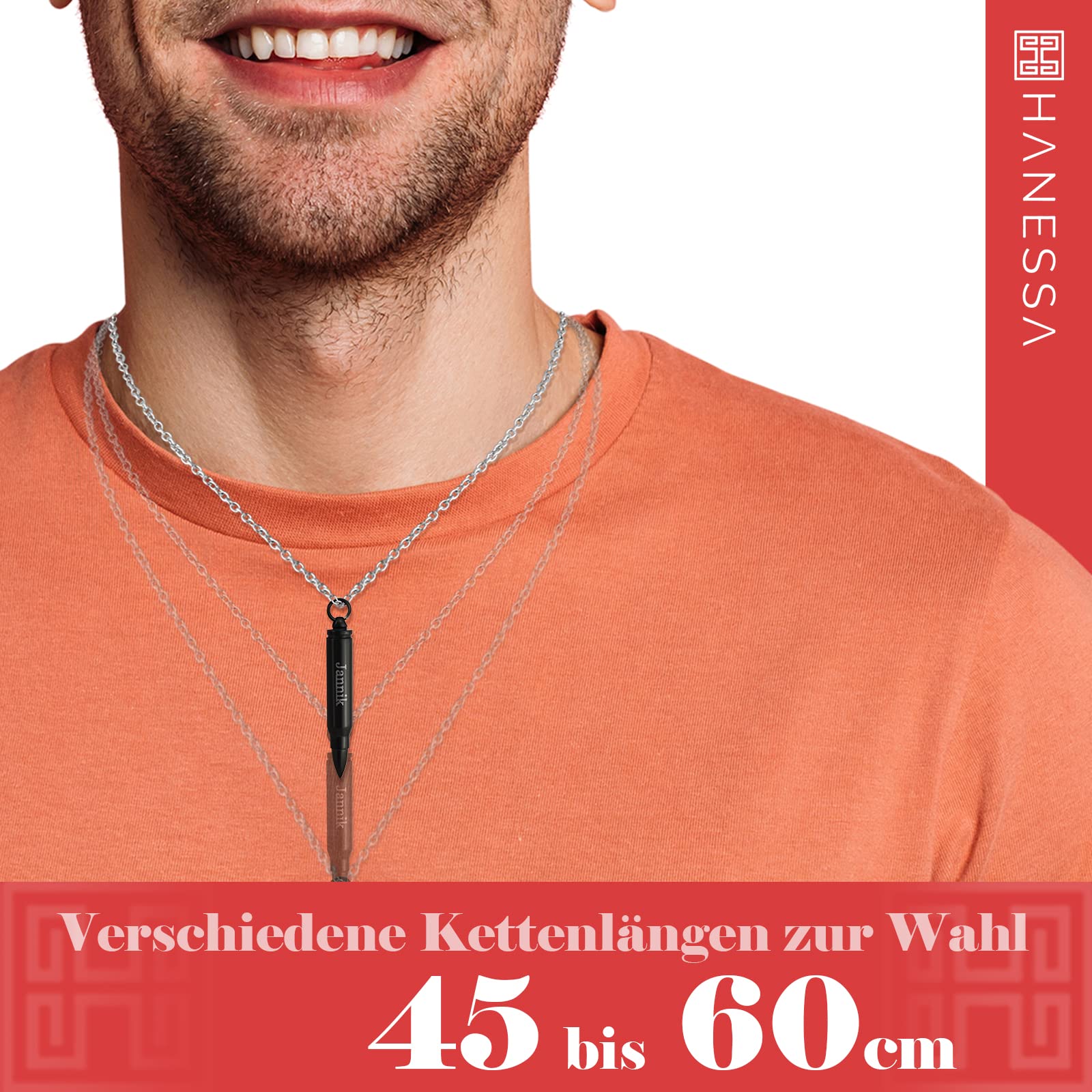 Personalisierte Kette mit Gravur Edelstahl 50 cm mit Anhänger Patronenhülse Pistolenkugel zum Aufschrauben in schwarz - Personalisierte Halskette für Männer Frauen - Personalisierter Schmuck