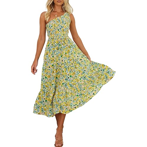 ANRABESS Women's 2023 Summer Bohemian One Shoulder Sleeveless Smocked Ruffle Tiered Beach Maxi Sun Dress