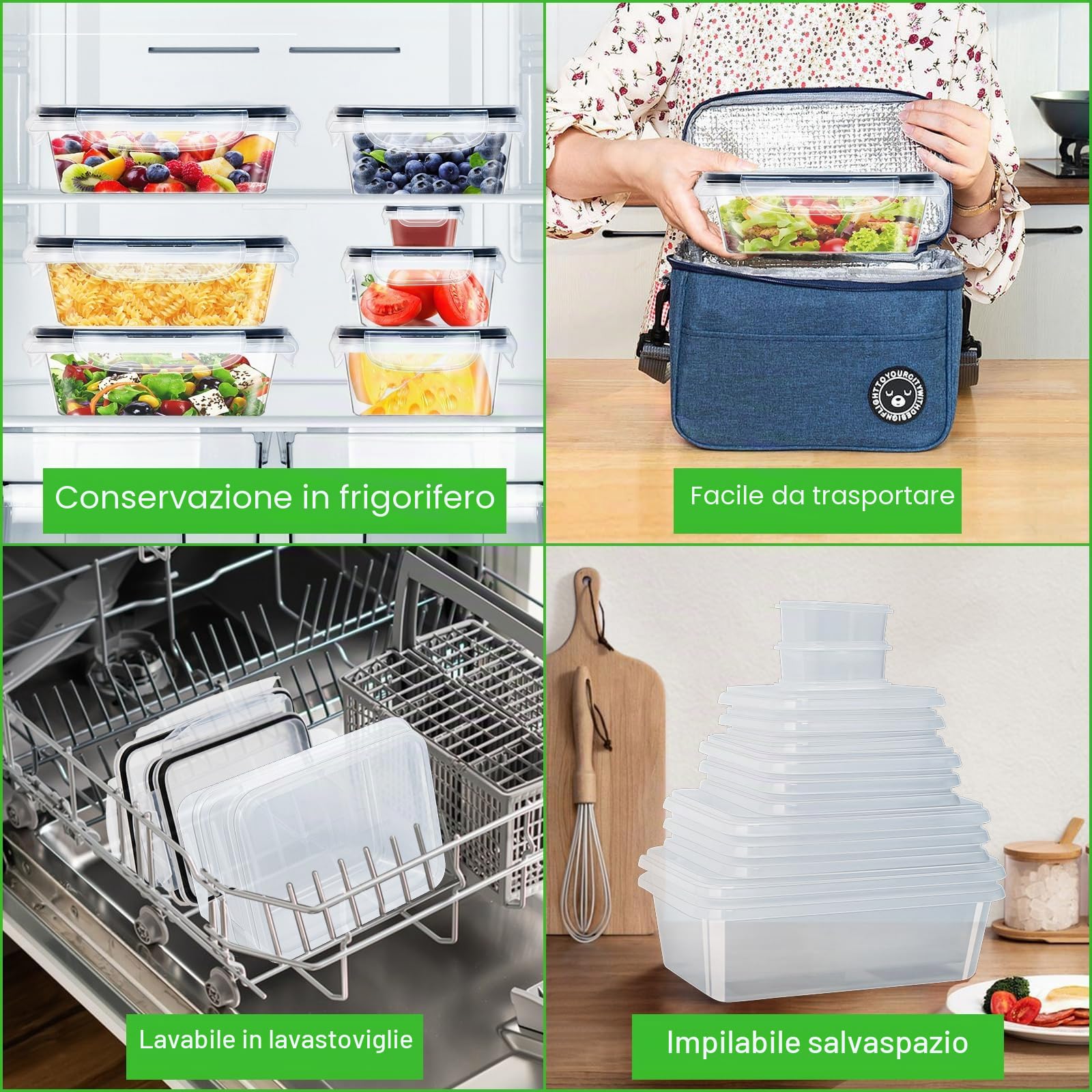 Kottwca Set di 15 contenitori salvafreschezza con coperchio, grandi capacità (5 x 0,5 l + 5 x 1,0 l + 5 x 1,5 l), per cucina Meal Prep, 100% a prova di perdite, senza BPA