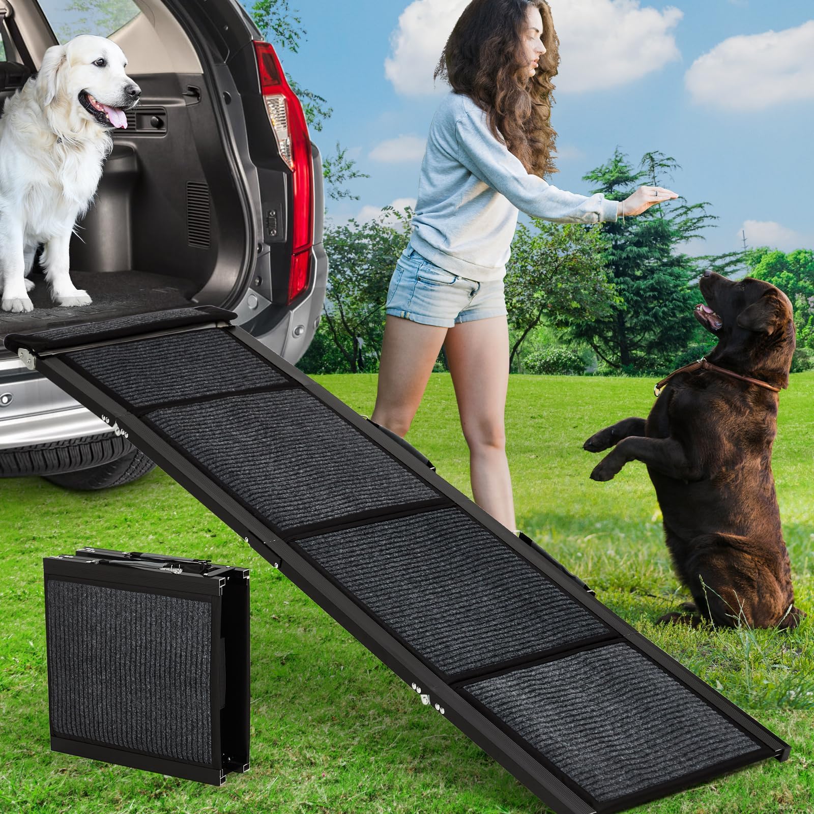 Mobeneno Black Dog Ramp For Car, 160Cm Folding Pet Ramp With Non-Slip Surface, Portable Dog Pet Stairs, Folding Anti-Slip Dog Ramp For Large Dogs Up To 113Kg, Get Into Car, Suv & Truck