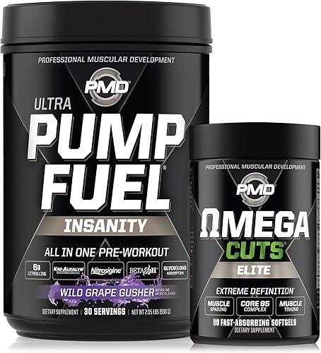 PMD Sports Ultra Pump Fuel Insanity - Pre entrenamiento - Grape Gusher (30 porciones) Sports Omega Cuts Elite Thermogenic Fat Burner (90 cápsulas
