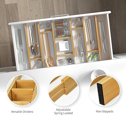 Miniatura 3 de Separadores de cajones de bambú ajustables con insertos, organizador de cajones expandible con resorte para cocina, ropa, herramientas, cubiertos,