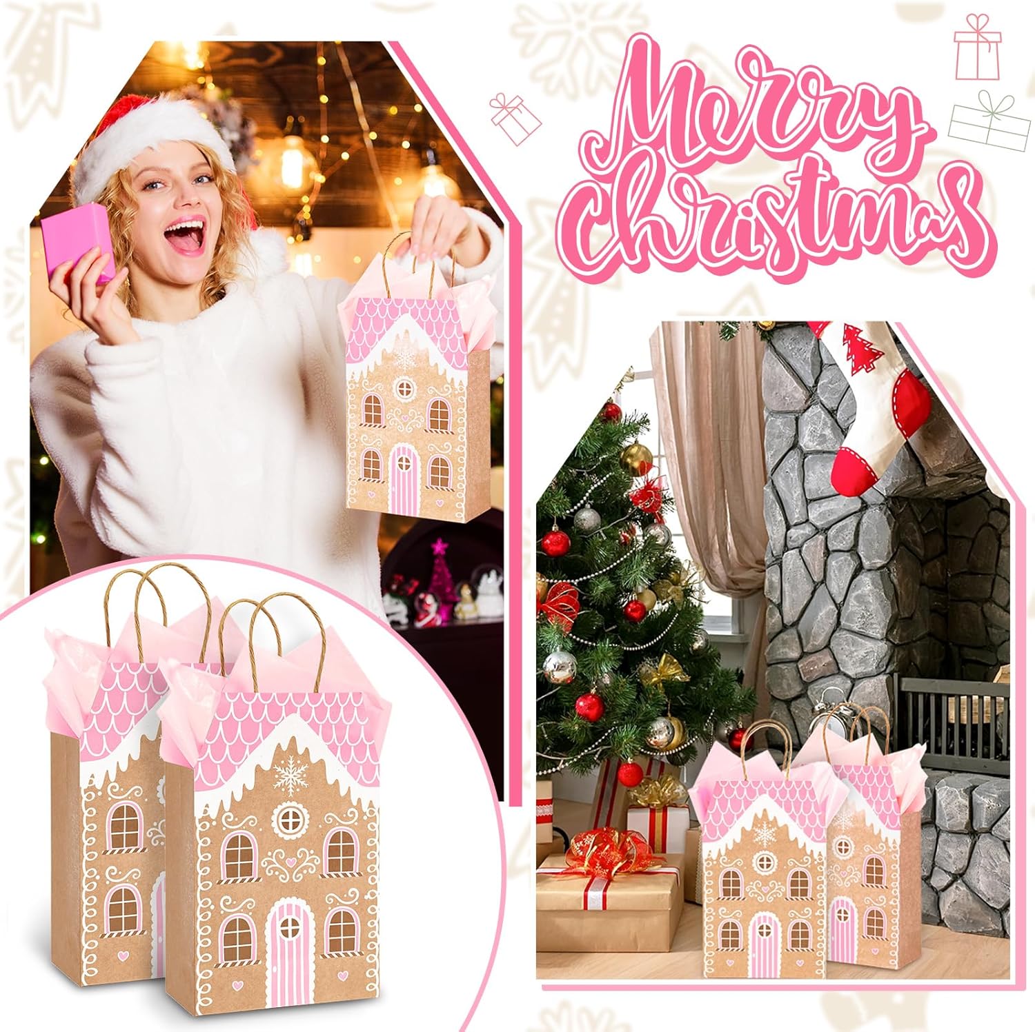 Whaline Winter Paper Gift Bags with Handles Xmas Pink Gingerbread Snow House Shaped Treat Candy Goodies Bags with Tissue Paper for Christmas Holiday Baby Shower Party Favors Housewarming Gifts, 12 Set - Image 7