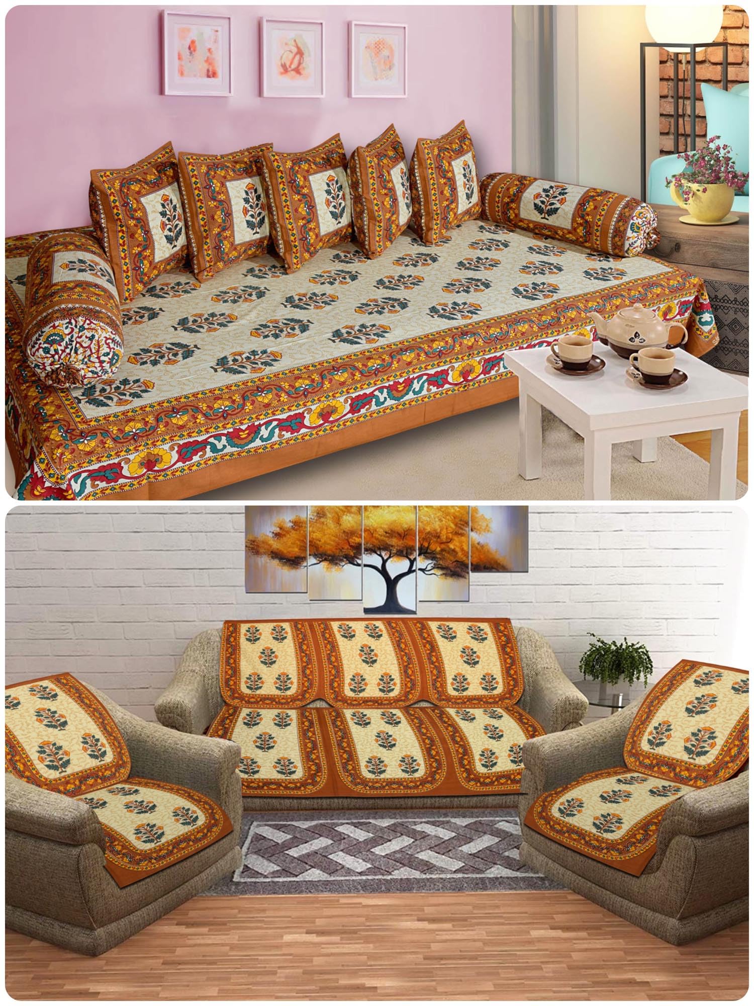 Floral Tree Print RoomSet Diwan & Sofa Cover Set Combo| Single Bedsheet, 2 Bolster Covers, 5 Cushion Covers and Five Seater Sofa Cover Set-image-41