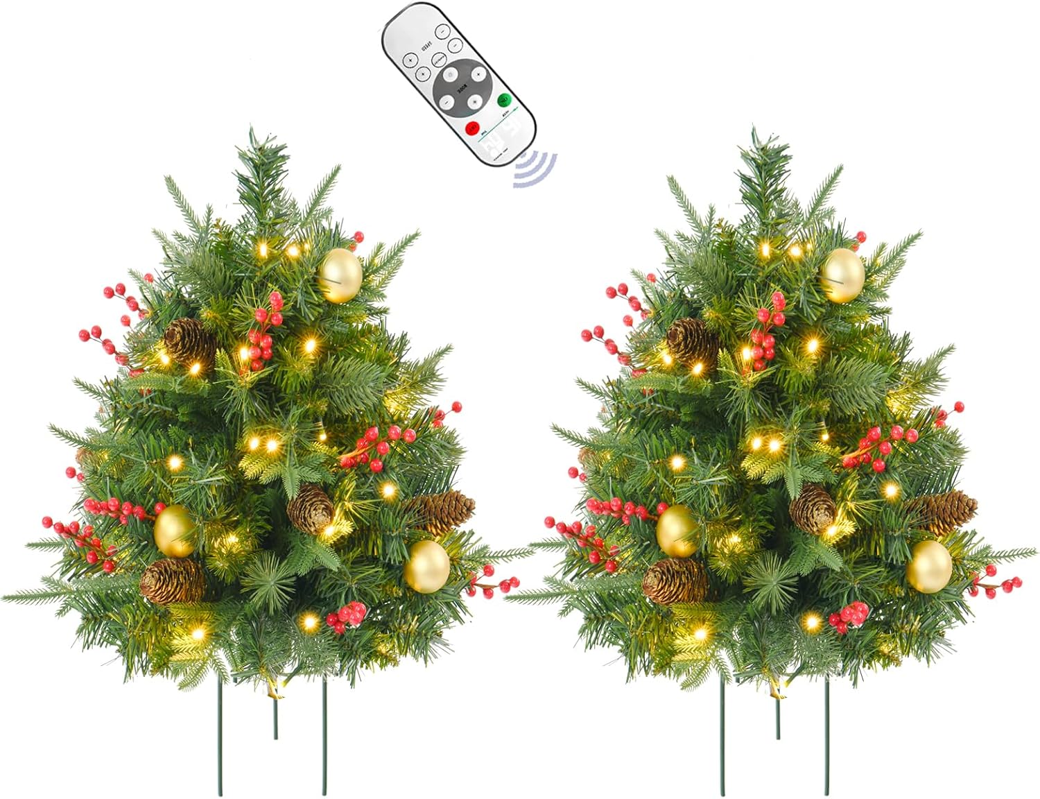 2 Pack Prelit Outdoor Christmas Tree 30 Inch, Remote Control Battery Operated with 100 Warm White Multi-Color Changing LED Lights, Small Pre-Decorated Green Xmas Tree for Pathway, Porch Green 2ft 6in
