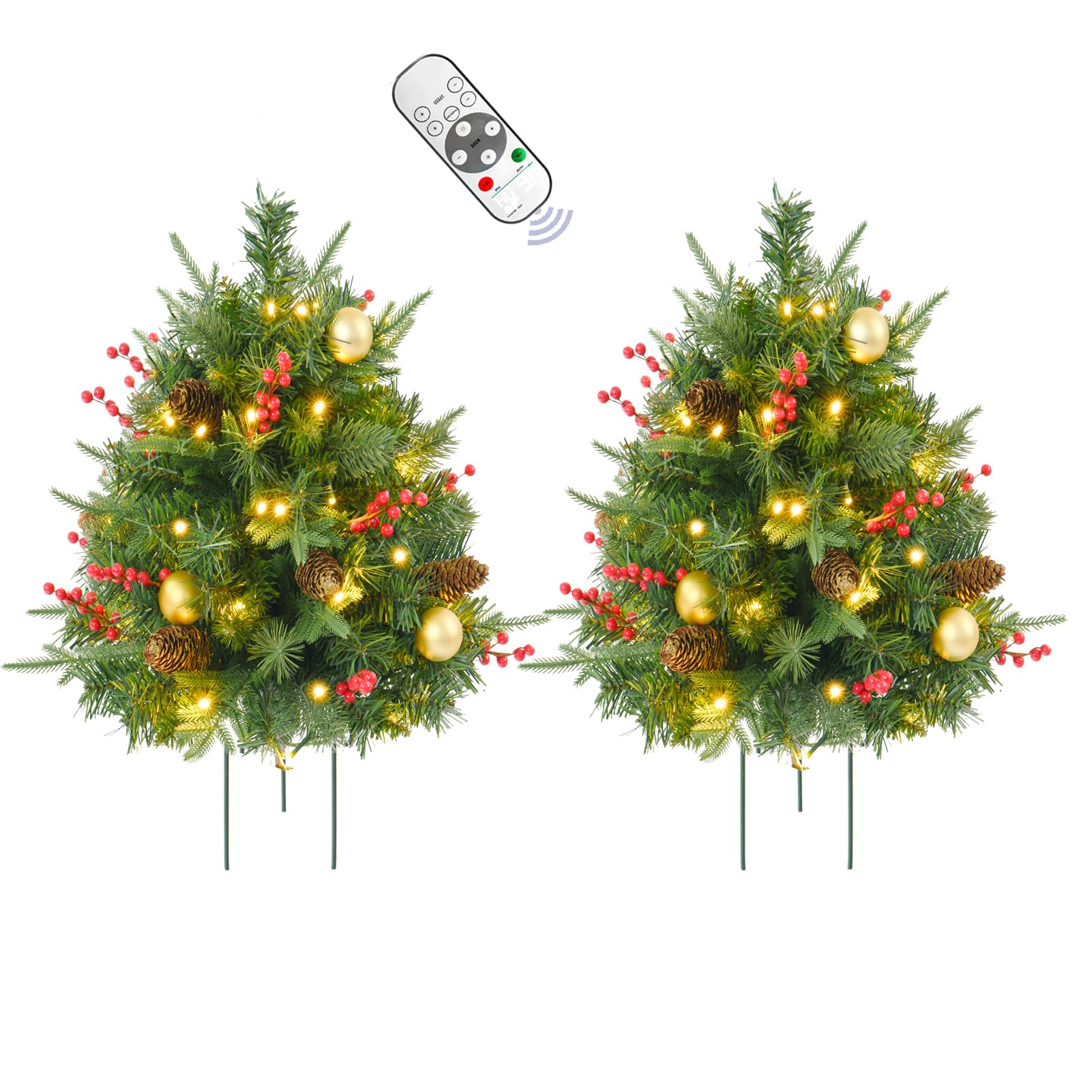 Photo 1 of 2 Pack Prelit Outdoor Christmas Tree 30 Inch, Remote Control Battery Operated with 100 Warm White Multi-Color Changing LED Lights, Small Pre-Decorated Green Xmas Tree for Pathway, Porch