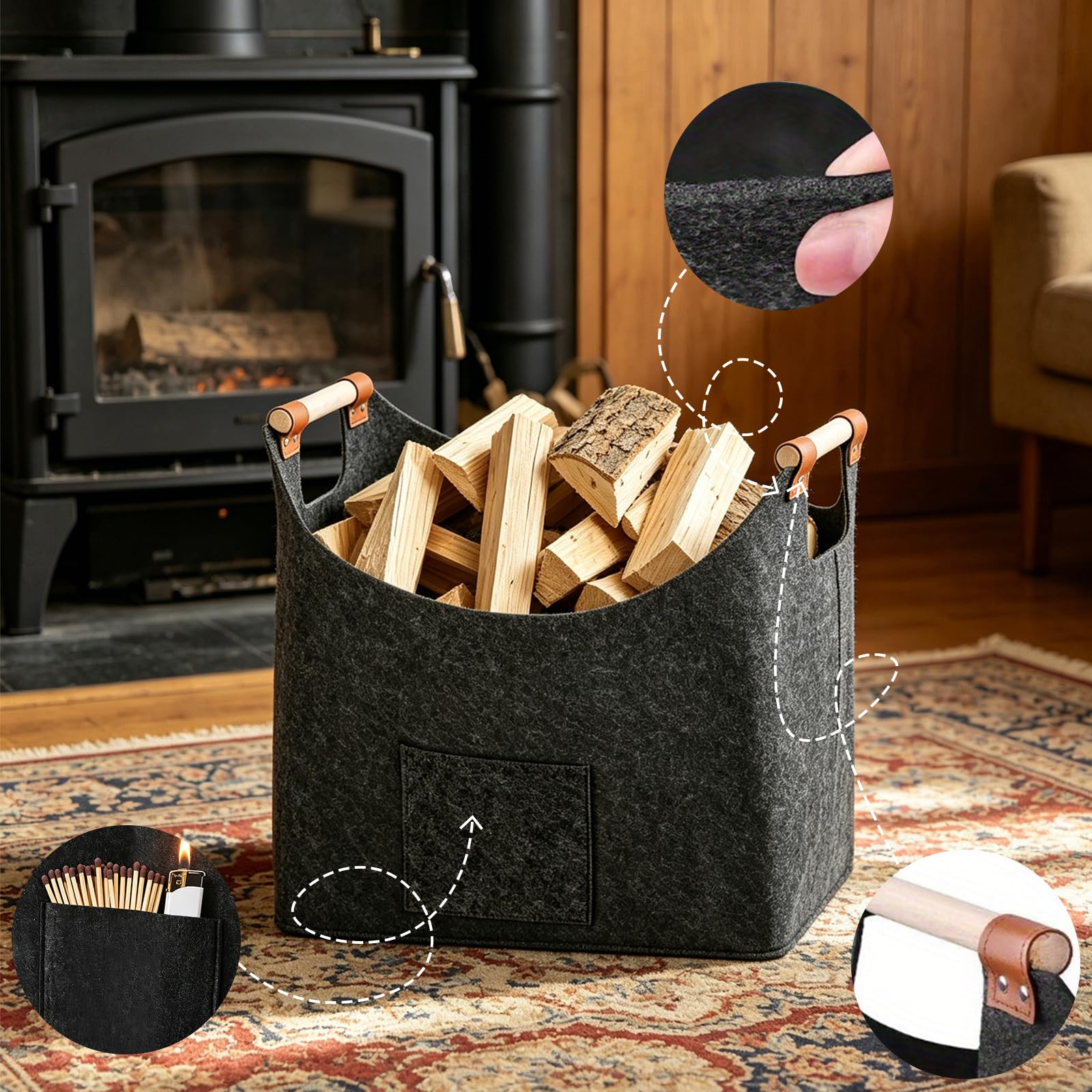 Canasta De Leña 45 x 32 x 40 cm 60L, Cesta de fieltro Fieltro extra grueso y asa reforzada, Cesto para leña plegable Bolsa, para Guardar Periódicos y la Chimenea