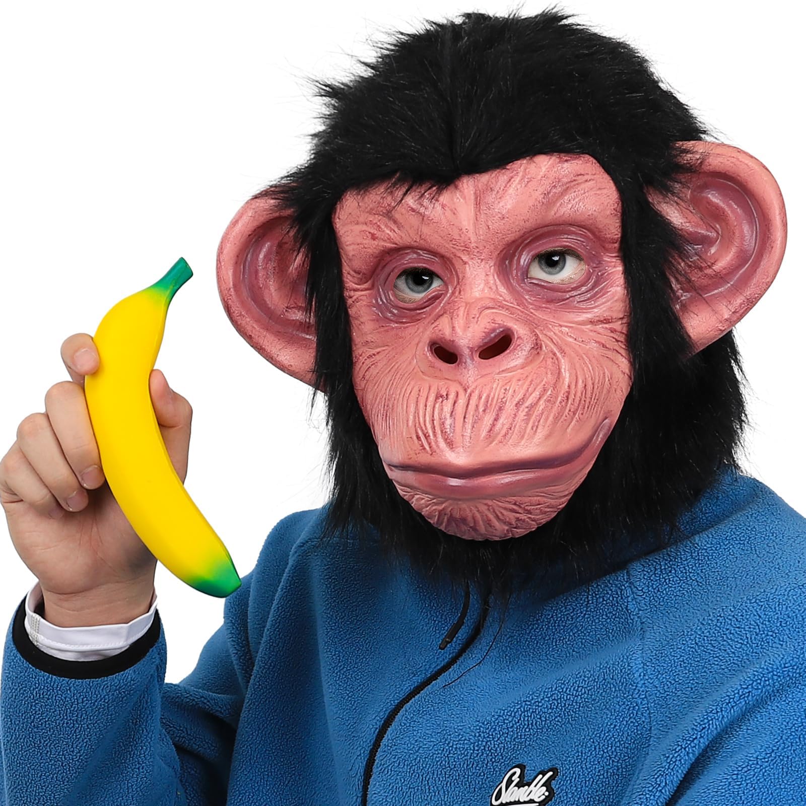 Monkey Mask Latex Full Head Animal Chimp Mask and Banana Stress Relief Toys for Halloween Costume Party