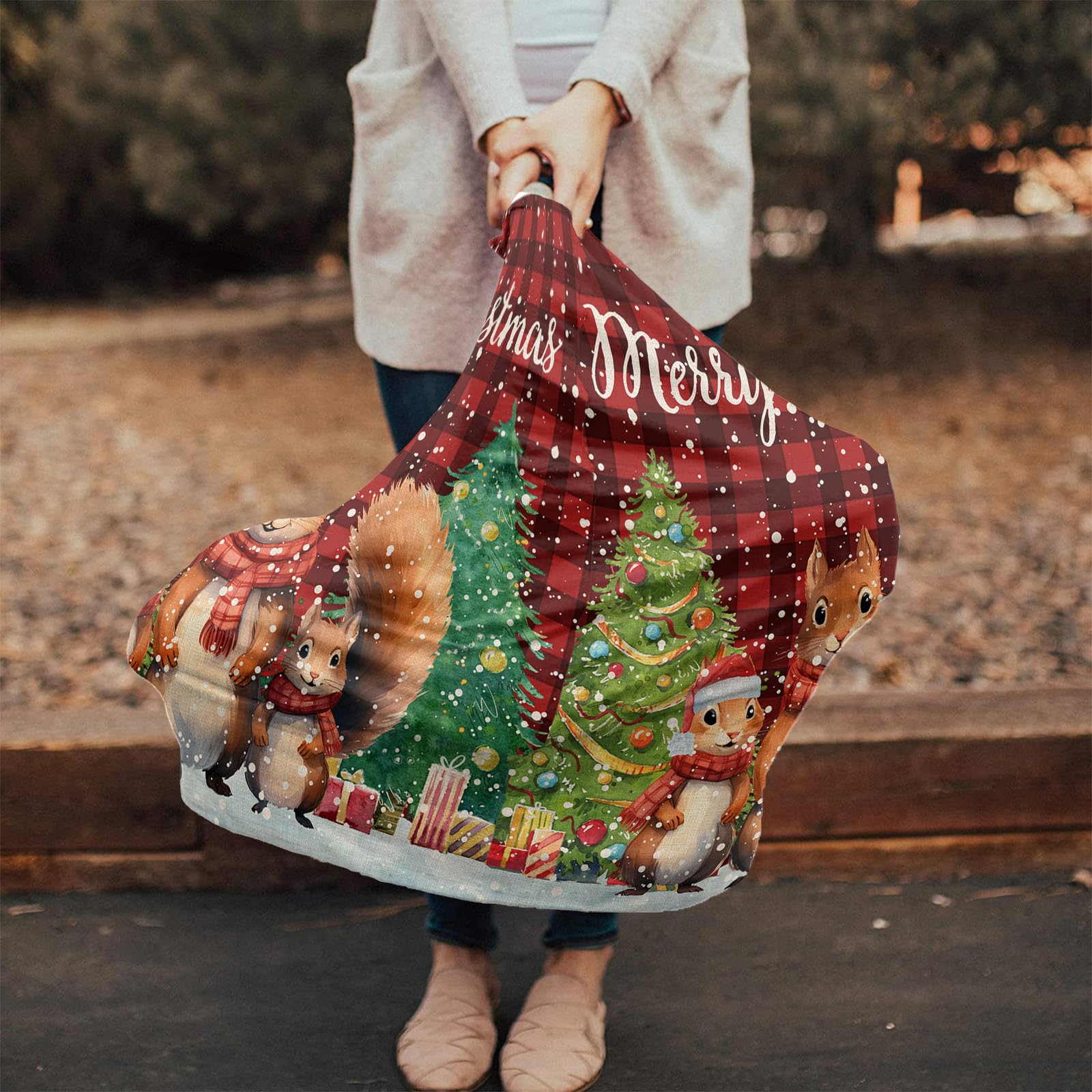 Nursing Cover for Breastfeeding Scarf, Merry Christmas Tree Cute Squirrel Baby Car Covers Super Soft Multi Use for Canopy Shopping Cart Cover Blanket Stroller Cover