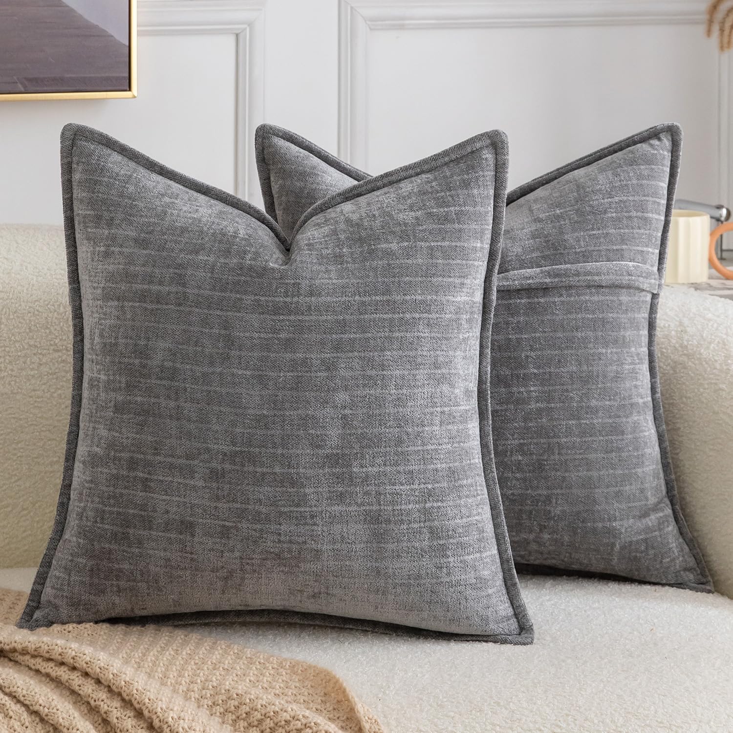 Madizz Pack of 2 Decorative Striped Cushion Covers Vintage Boho Soft Chenille Throw Pillows Luxurious Pillow Cases for Couch Sofa Bedroom Living Room 45x45 CM, Grey โ image 1