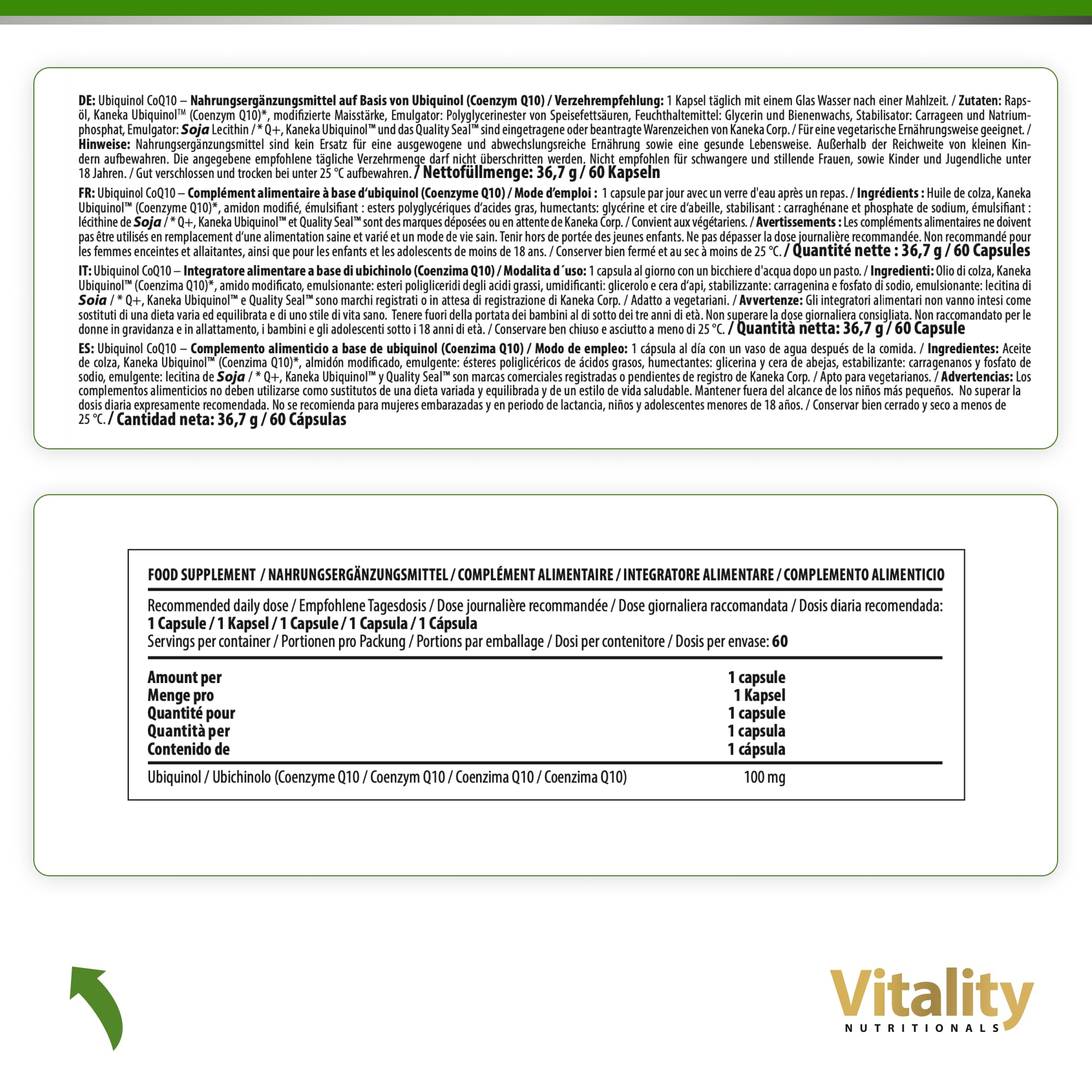Q10 Kapseln Hochdosiert Ubiquinol CoQ10 100mg, aktive Form, Höchste Bioverfügbarkeit, Premium Coenzym Q10 Hochdosiert, 60 Kapseln Vitality Nutritionals by Vitaminexpress
