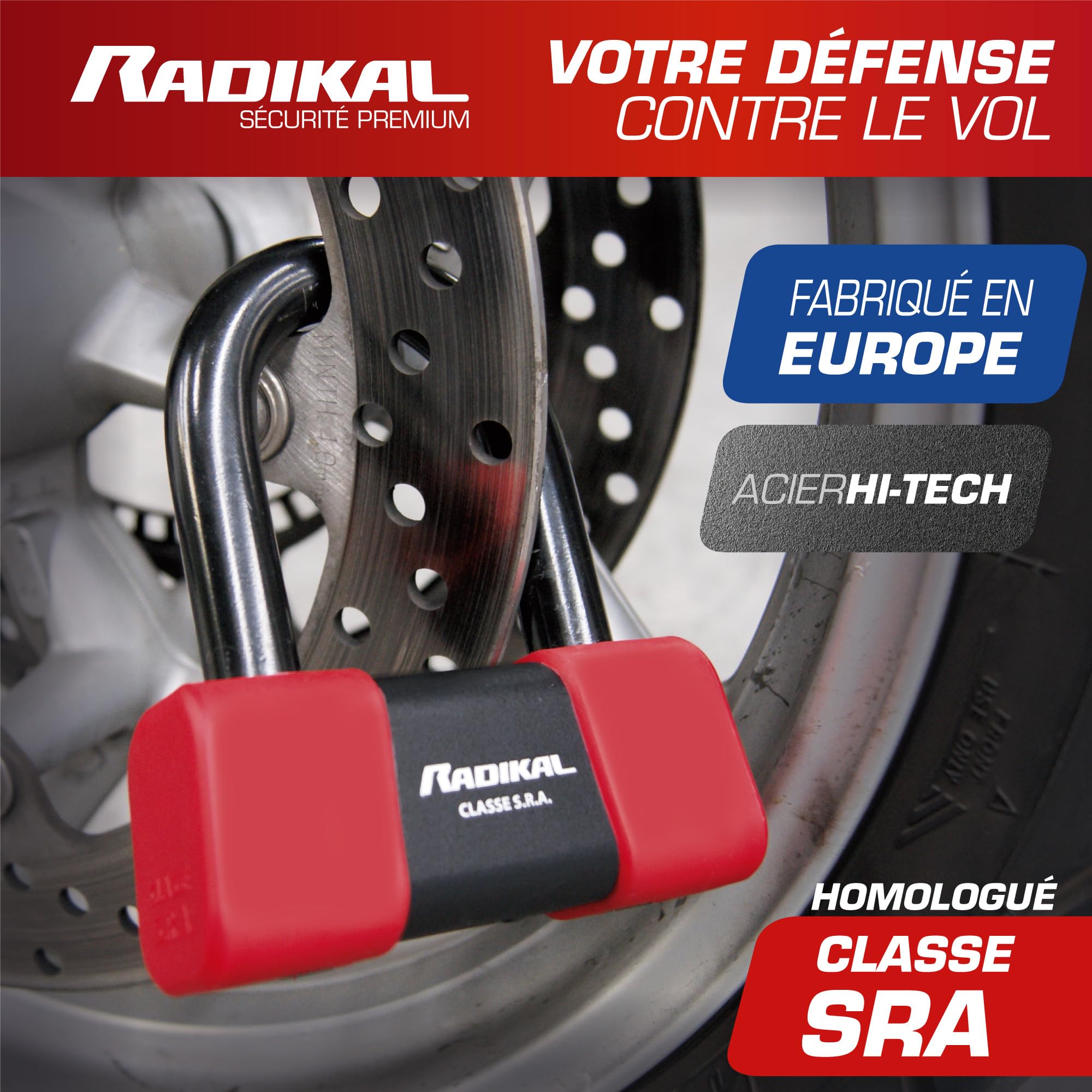 RADIKAL RK75 Antivol Moto Bloque Disque Mini U Premium Homologué SRA, Plus Dissuasif, Brutale Testé, Arc ø18mm en Acier Trempé, Double Fermeture, Cable Rappel, Bloc Frein Roue pour Moto Scooter