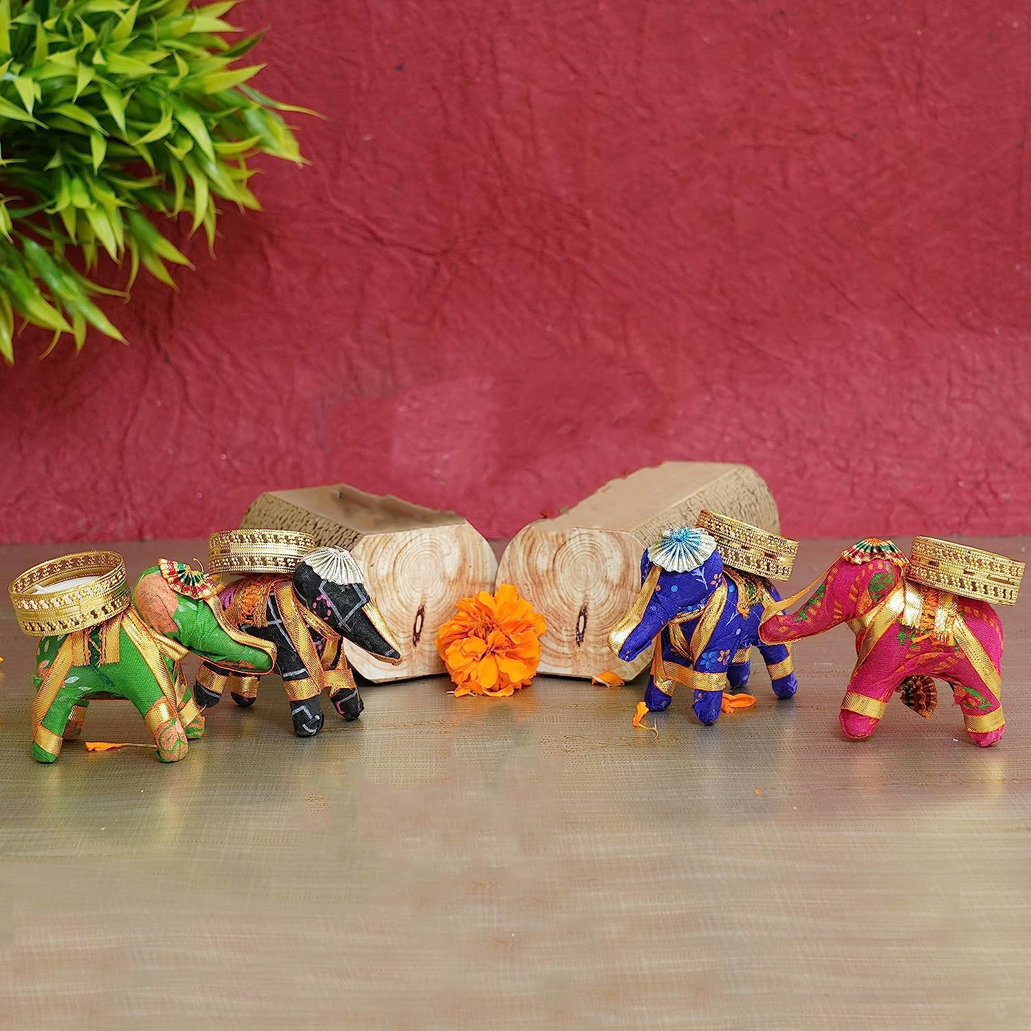 BINDNI ART OF RAJASTHAN Multicolor Elephant Tealight Candle Holder with 4 Colorful Wax - 9x5x10 cm Pack of 4 Clear Tea Lights Candle Holders for Wedding, Diwali Housewarming & Home Decoration