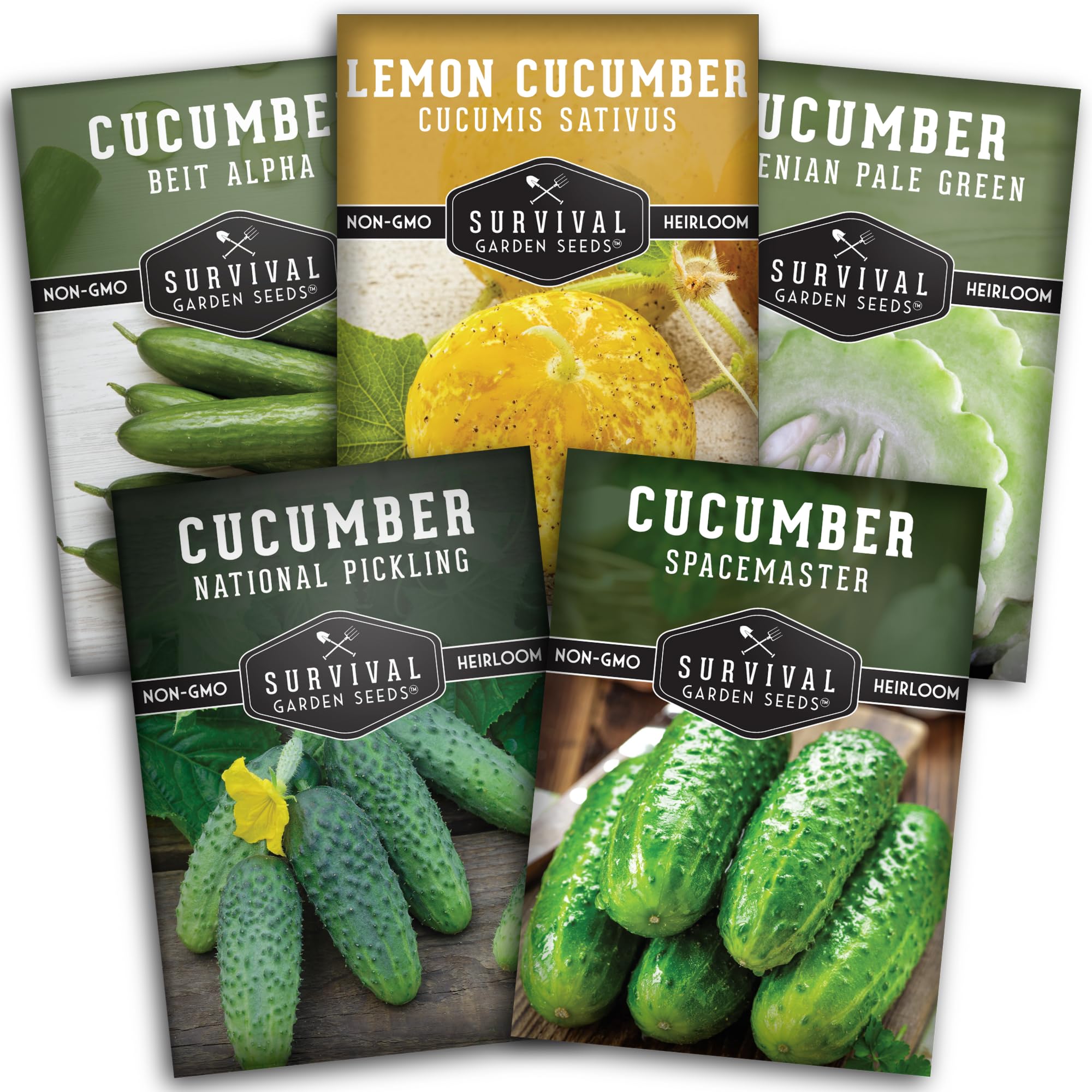 Survival Garden Seeds Cucumber Collection - Mix of Armenian, Beit Alpha, Lemon, National Pickling, & Spacemaster Seed Packets to Grow Vining Vegetables on The Homestead - Non GMO Heirloom Seed Vault