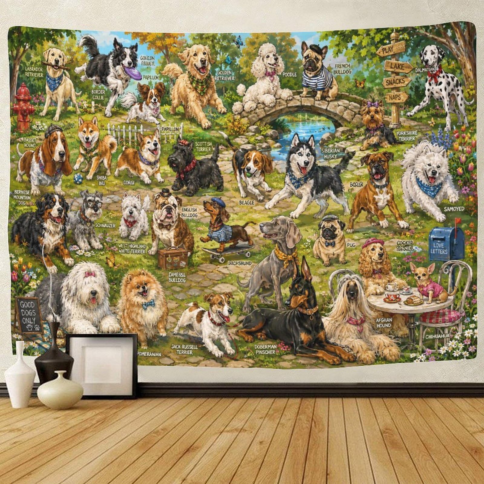 GPMNBCXZK Dog Breeds with Names Guide Wall Art Decor 3D Print Tapestry Wall Hanging Decor Tapestries Home Decoration Curtain Living Room College Dorm 150cmx200cm