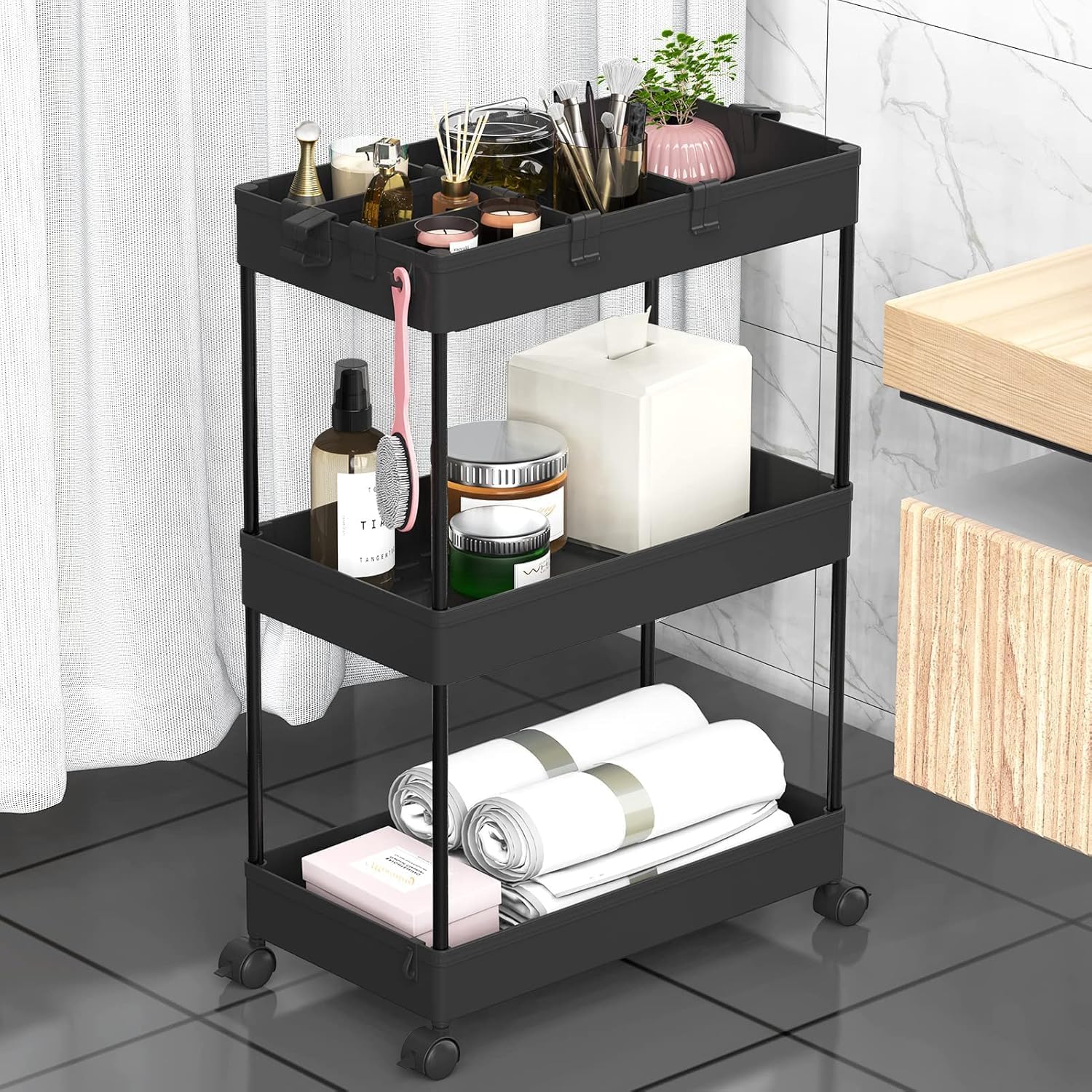 Storage Cart with Wheels | Utility Organizer Trolley with Hanging Baskets | Multipurpose Kitchen, Bathroom, Office & Living Room Storage Rack (3T - Trolly)-image-45
