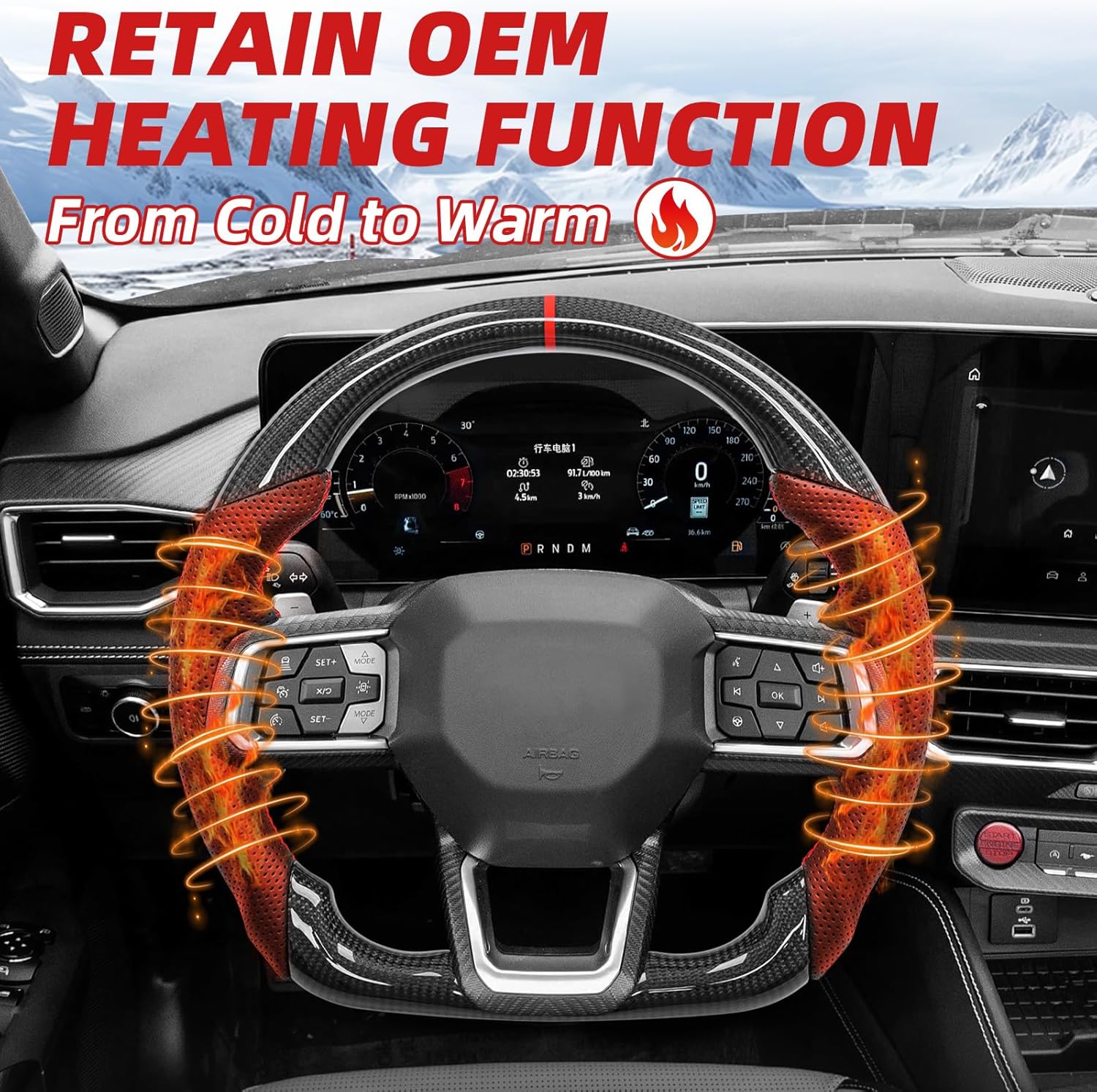 Heated Real Carbon Fiber Steering Wheel for Ford Mustang 2024-2026 (S650) GT Dark Horse EcoBoost, Track Style Red Stitching & Stripe, Flat Bottom Sport Grip Replacement, Retains OEM Heating